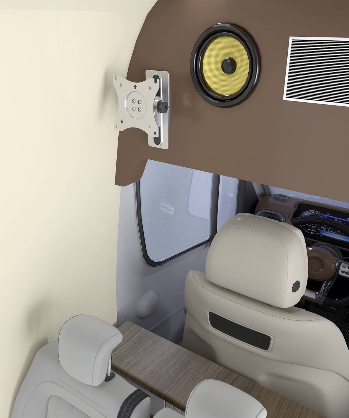 Wohnmobil-Innenraum mit Blick auf das Cockpit. Beige Sitze, ein Lautsprecher an der Wand und eine Halterung für einen Bildschirm sind sichtbar.