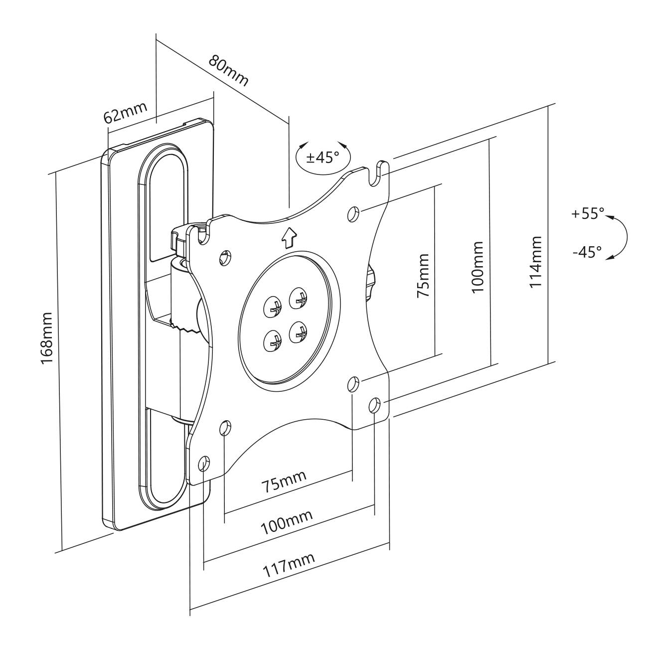 Schematische Zeichnung einer verstellbaren TV-Halterung. Maße: 168mm hoch, 62mm breit. Neigungswinkel: ±45°. Drehbar um ±55°.