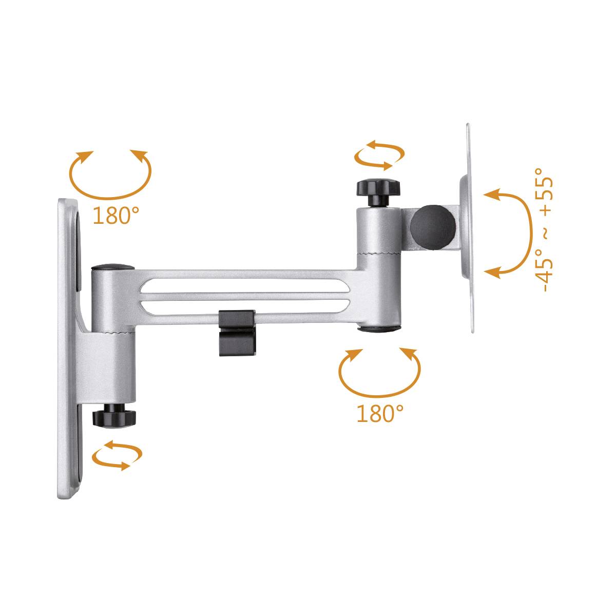 Wandhalterung für Fernseher oder Monitor. Schwenkbar um 180 Grad, neigbar um -45 bis +55 Grad. Hochflexibles Design.