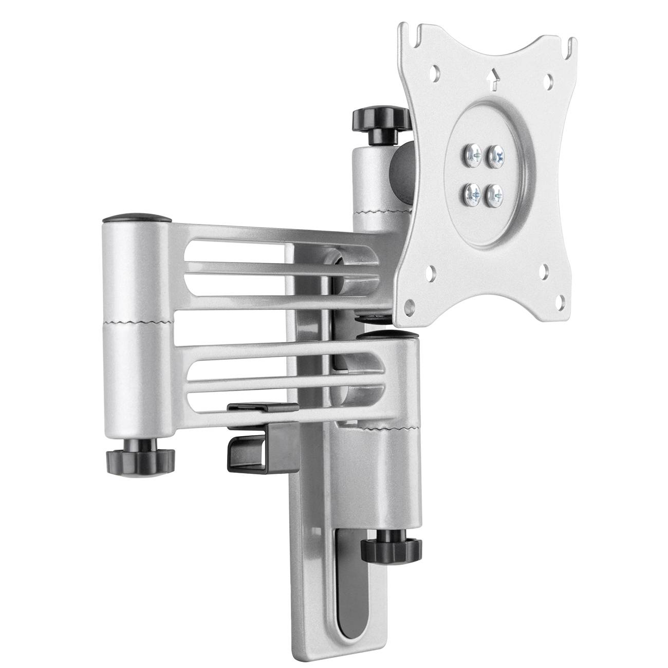 Monitorhalterung aus Metall, zur Wandmontage geeignet. Verstellbarer Arm mit VESA-Platte, zur flexiblen Bildschirmpositionierung.