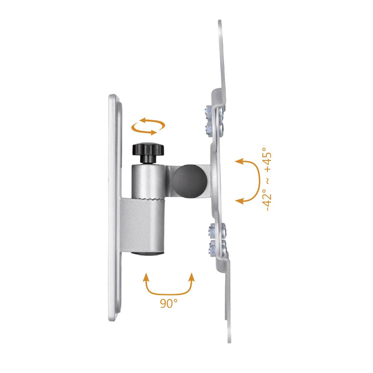 Seitenansicht einer silbernen Monitorhalterung zeigt Dreh- (90°) und Neigungswinkel (-42 bis +45°) mit Pfeilen und Skalen.