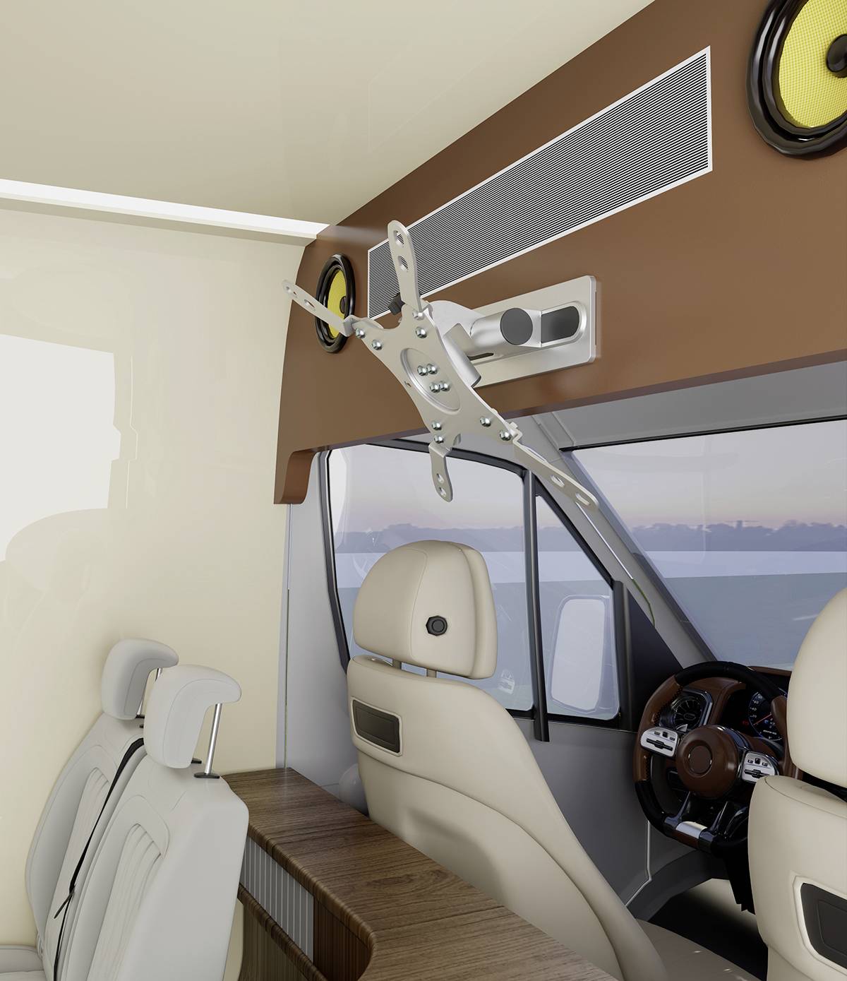 Innenansicht eines Campervans mit stilvollen, beigen Sitzen und einem Holzarmaturenbrett. Im Hintergrund sind Fenster mit Aussicht aufs Meer sichtbar.