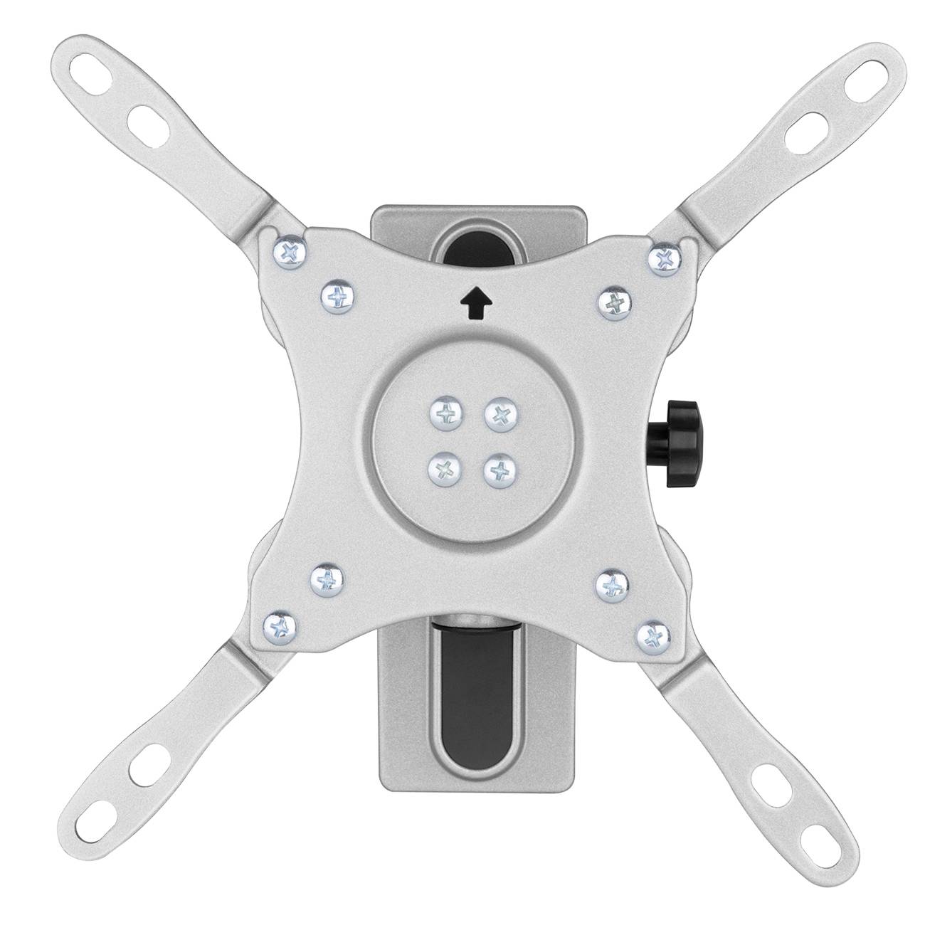 Silberne TV-Wandhalterung mit verstellbaren Armen und Schrauben zur Befestigung, geeignet für Flachbildschirme.