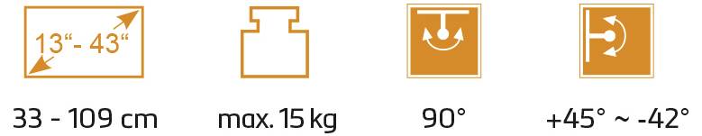 Befestigungselemente für Monitore: Unterstützt Bildschirmgröße 33–109 cm, max. 15 kg, Neigung 90°, Drehung +45° ~ -42°.