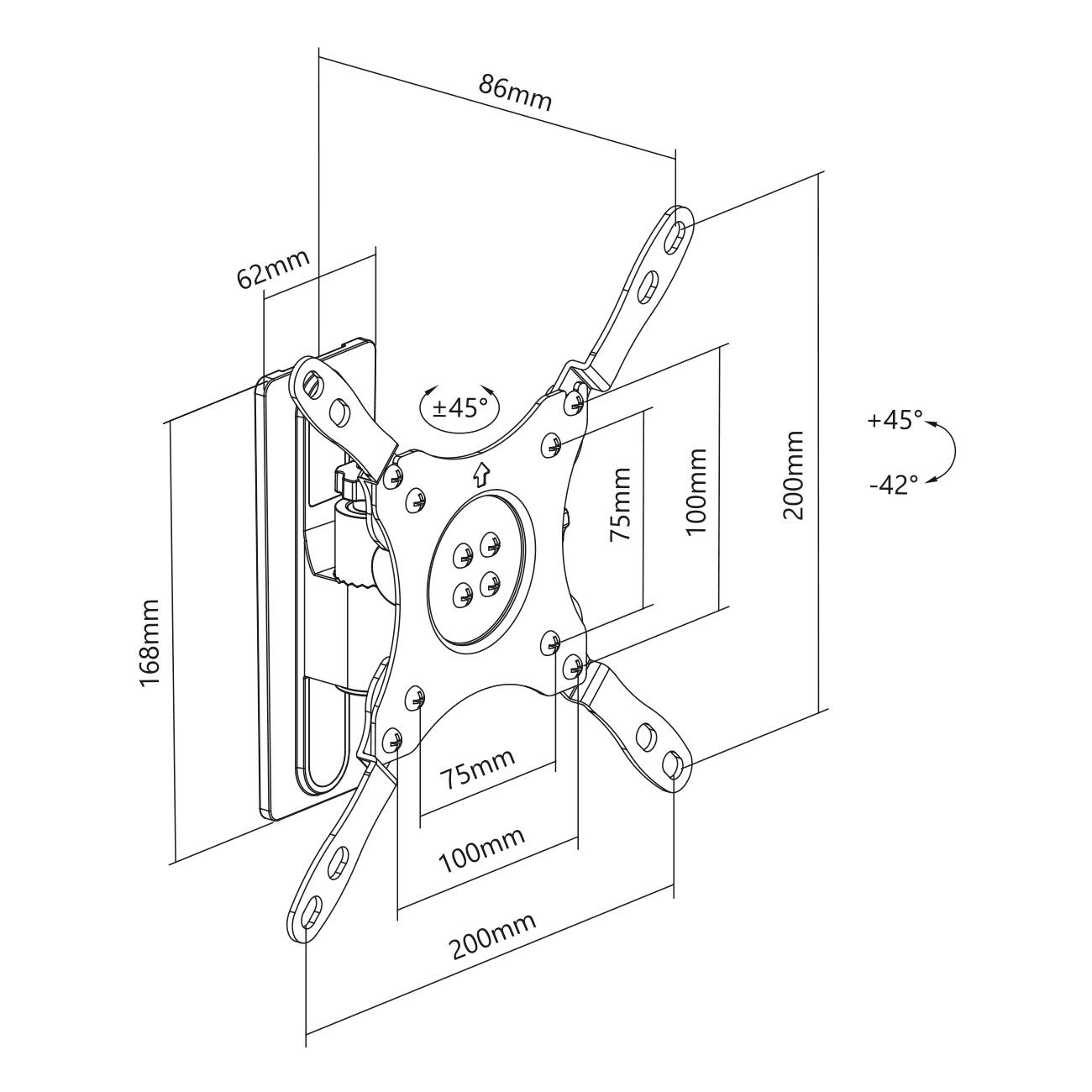 Technische Zeichnung einer verstellbaren Wandhalterung für Monitore. Zeigt Maße von 62 mm bis 200 mm und Neigungswinkel von +45° bis -42°.