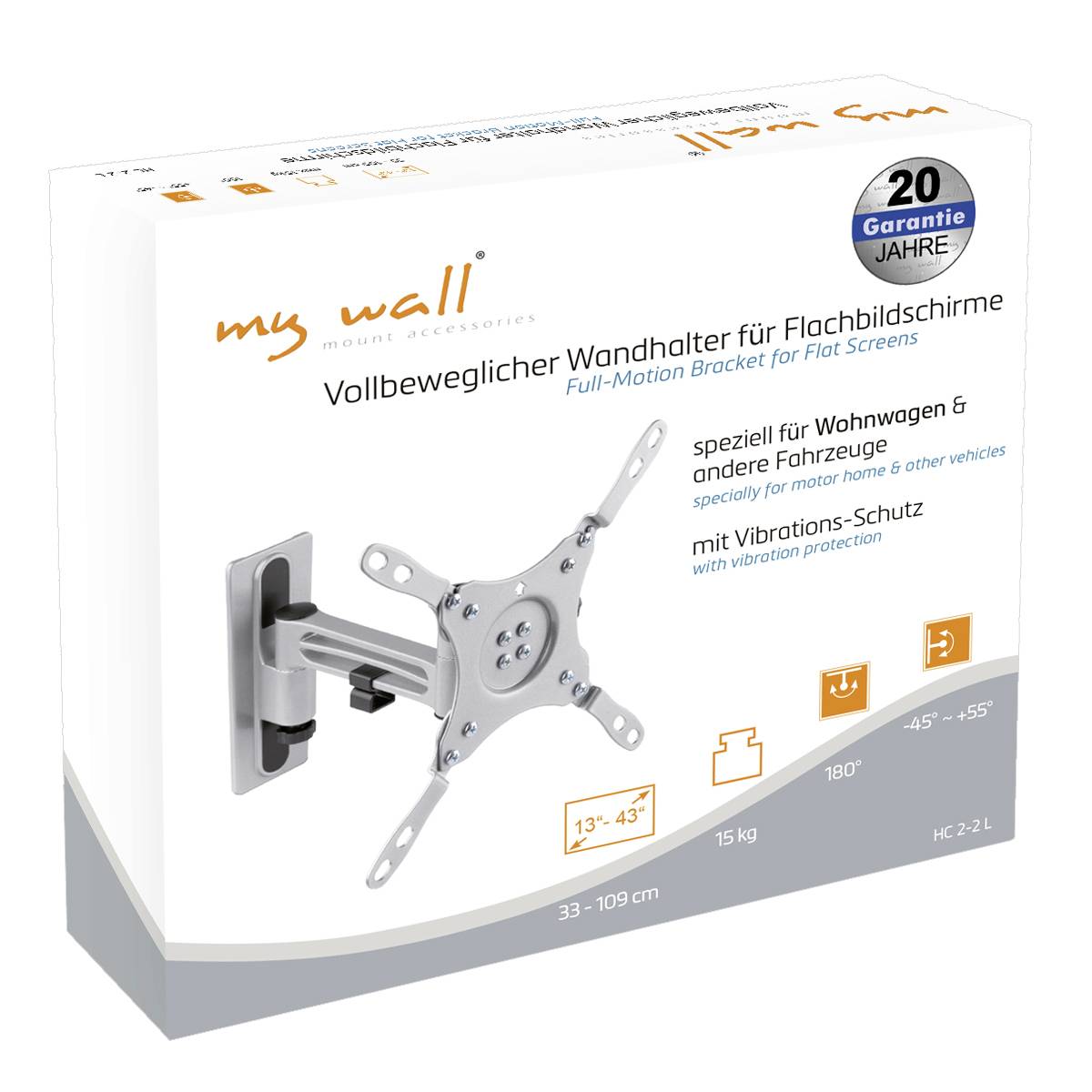 Vollbeweglicher Wandhalter für Flachbildschirme, speziell für Wohnwagen, 33-109 cm, 180° schwenkbar, mit Vibrationsschutz.