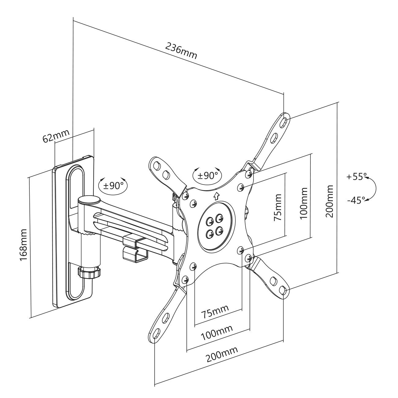 Wandhalterung für Monitor mit verstellbarem Arm. Maße: 236mm Breite, 168mm Höhe. Neigungswinkel: +55 bis -45 Grad. Drehradius: +/- 90 Grad.