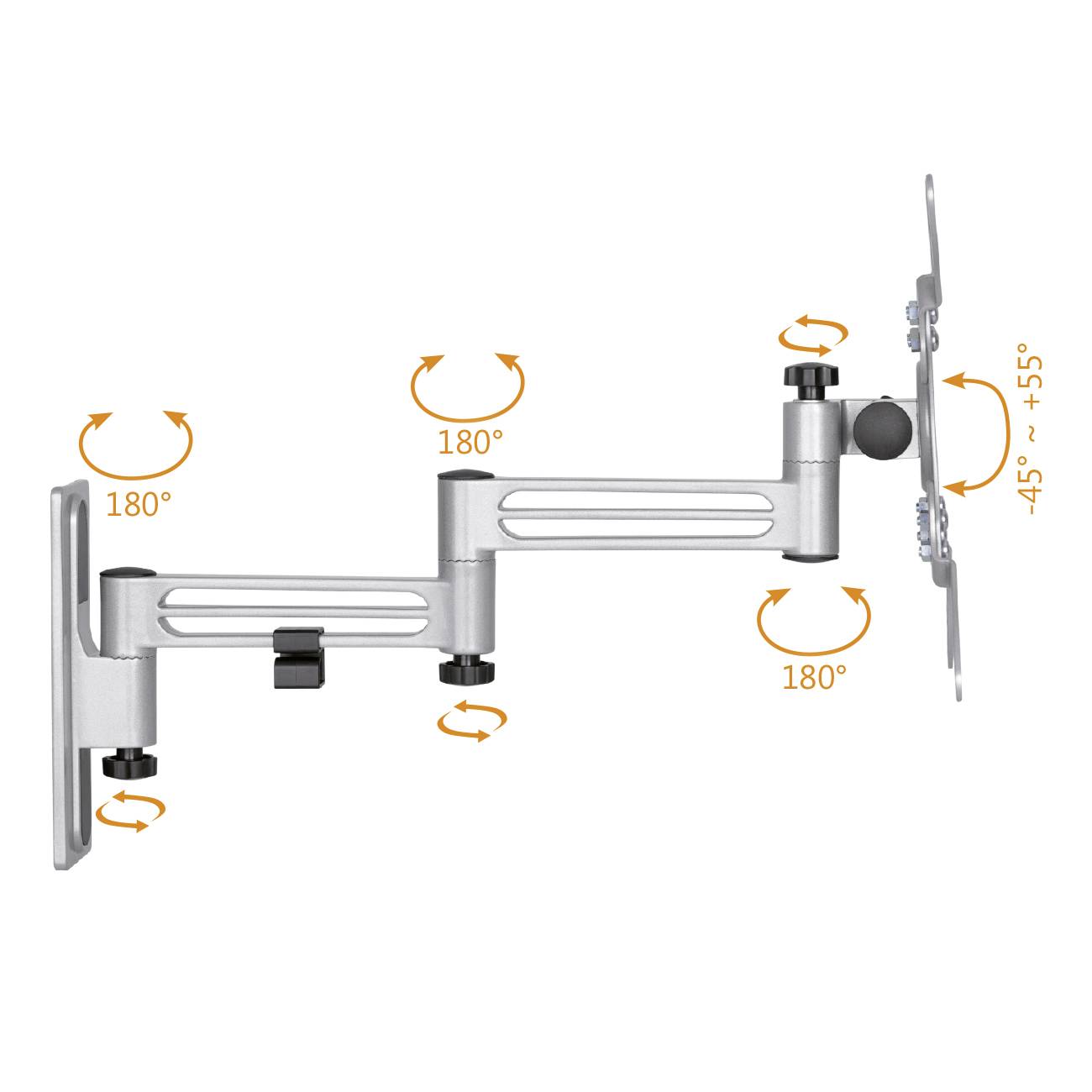 Ein schwenkbarer Monitorarm mit mehreren Gelenken zeigt Rotationswinkel von 180 Grad und Neigungsbereich von -45 bis +55 Grad.