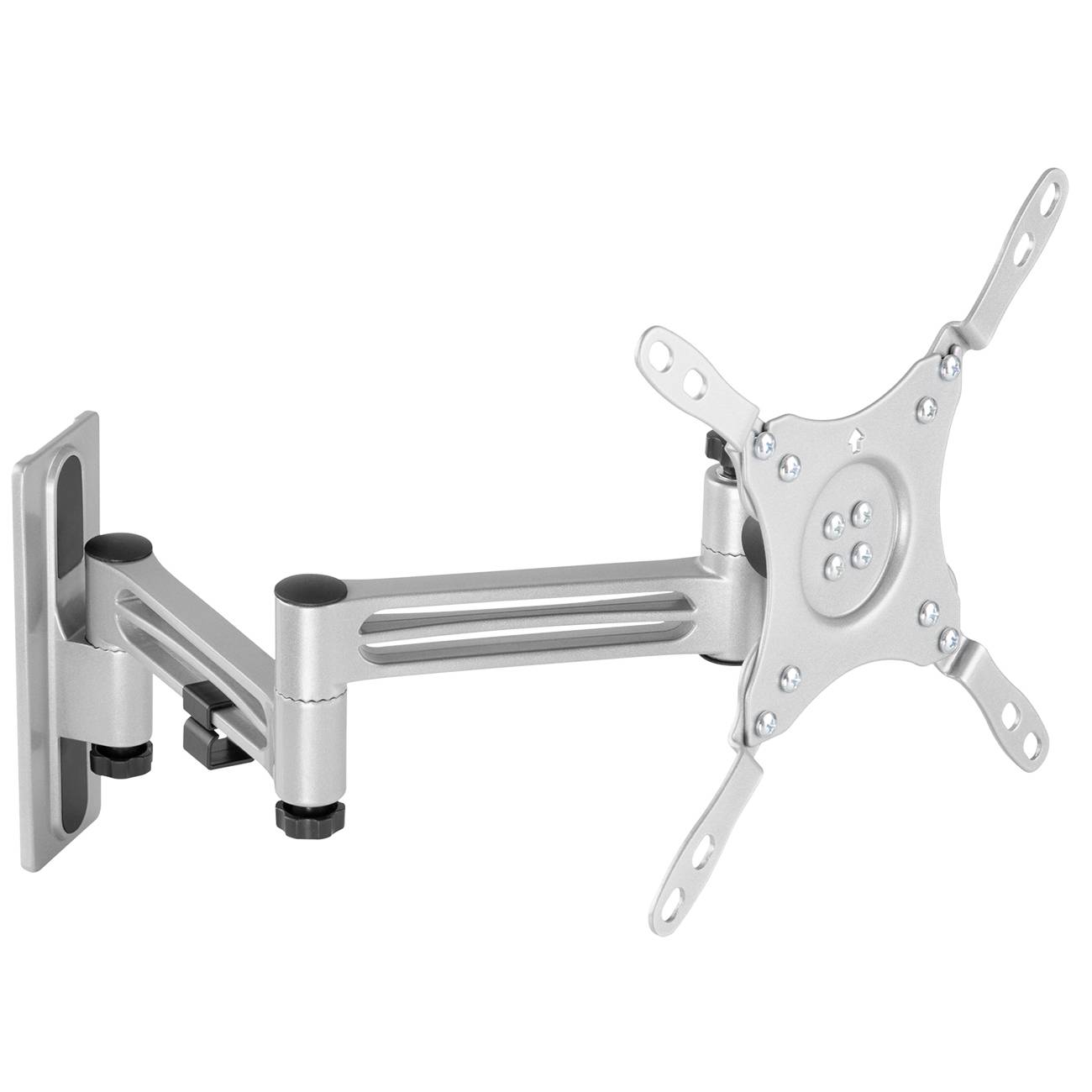 Eine silberne, verstellbare Monitorhalterung zur Wandmontage, mit einem schwenkbaren Arm und einer VESA-kompatiblen Befestigungsplatte.