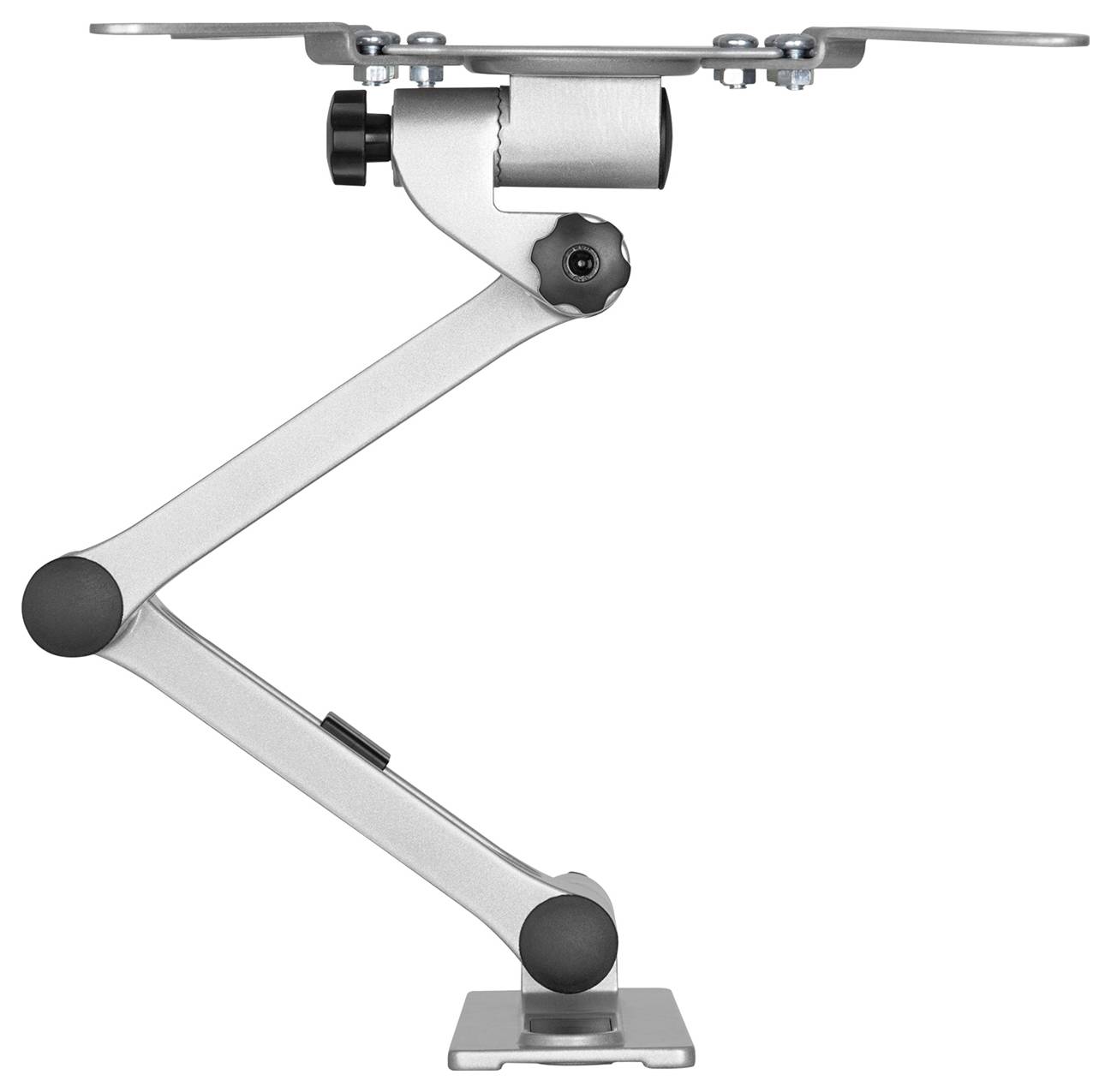 Ein silberner, verstellbarer Monitorarm mit Gelenken, die Flexibilität und Neigung ermöglichen; geeignet zur ergonomischen Arbeitsplatzgestaltung.