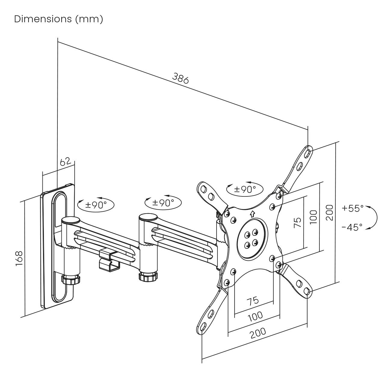 Technische Zeichnung eines schwenkbaren Monitorarms. Maße in Millimetern: 386 Breite, 168 Höhe. Schwenkbereich: ±90° horizontal, +55°/-45° vertikal.