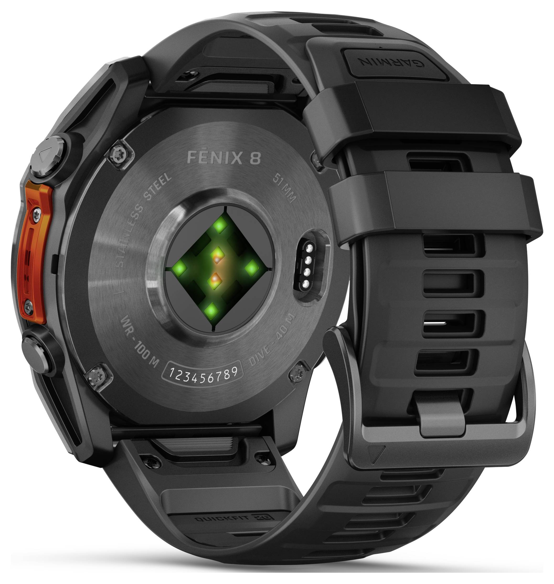 Schwarze Armbanduhr mit Stahlgehäuse, Rückseite zeigt Sensoren und Modell 'Fenix 8'. Armband und festes Gehäuse sichtbar.
