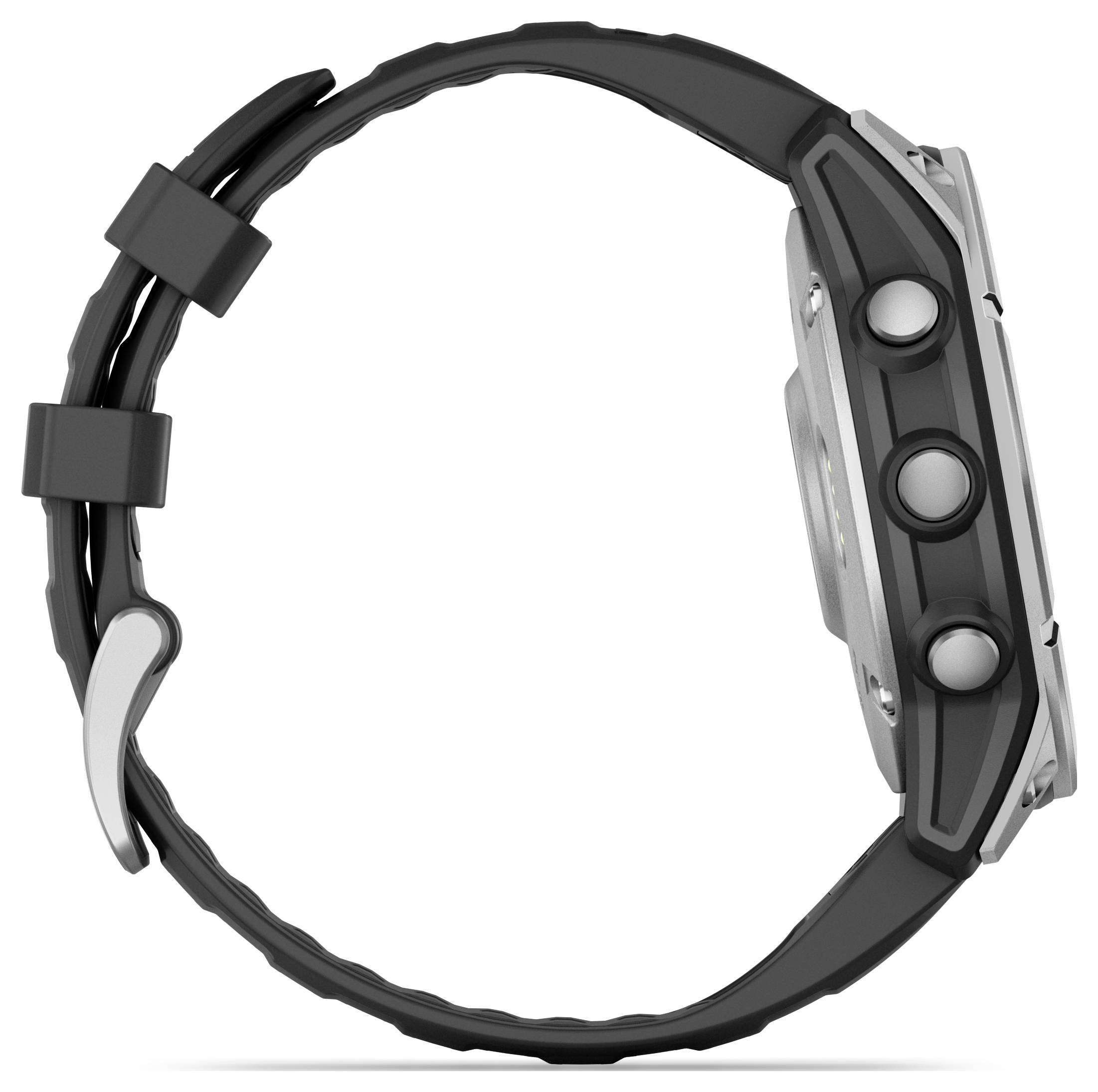 Schwarze Armbanduhr von der Seite mit sichtbaren Tasten und verstellbarem Armband.