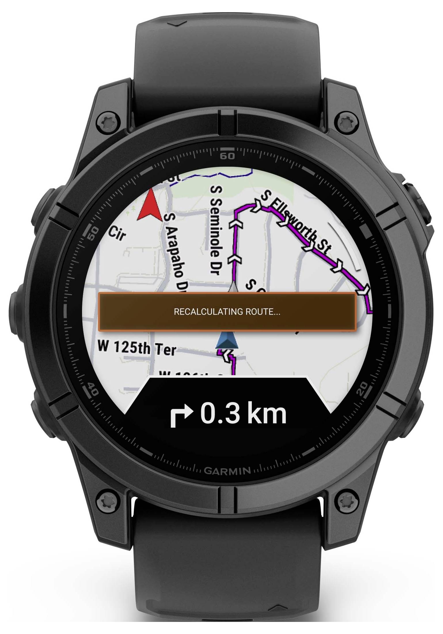 Eine schwarze Smartwatch zeigt eine Kartenansicht mit Wegstrecke; Text 'Recalculating route...' erscheint über der Karte.