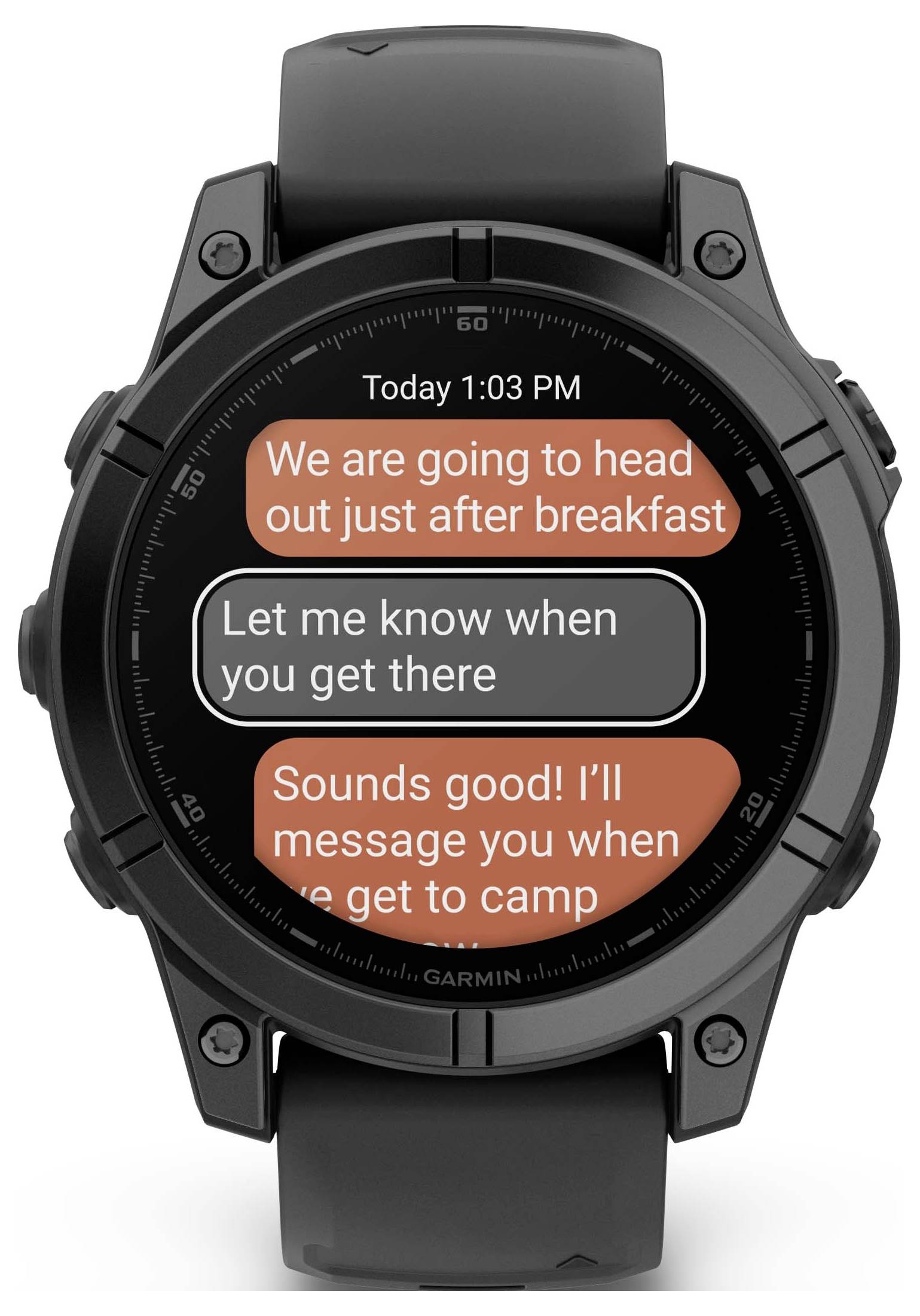 Schwarze Smartwatch mit Textnachrichten. Nachrichten: 'Wir werden gleich nach dem Frühstück losfahren', 'Lass mich wissen, wann du ankommst', 'Hört sich gut an! Ich melde mich, wenn wir im Lager sind'.