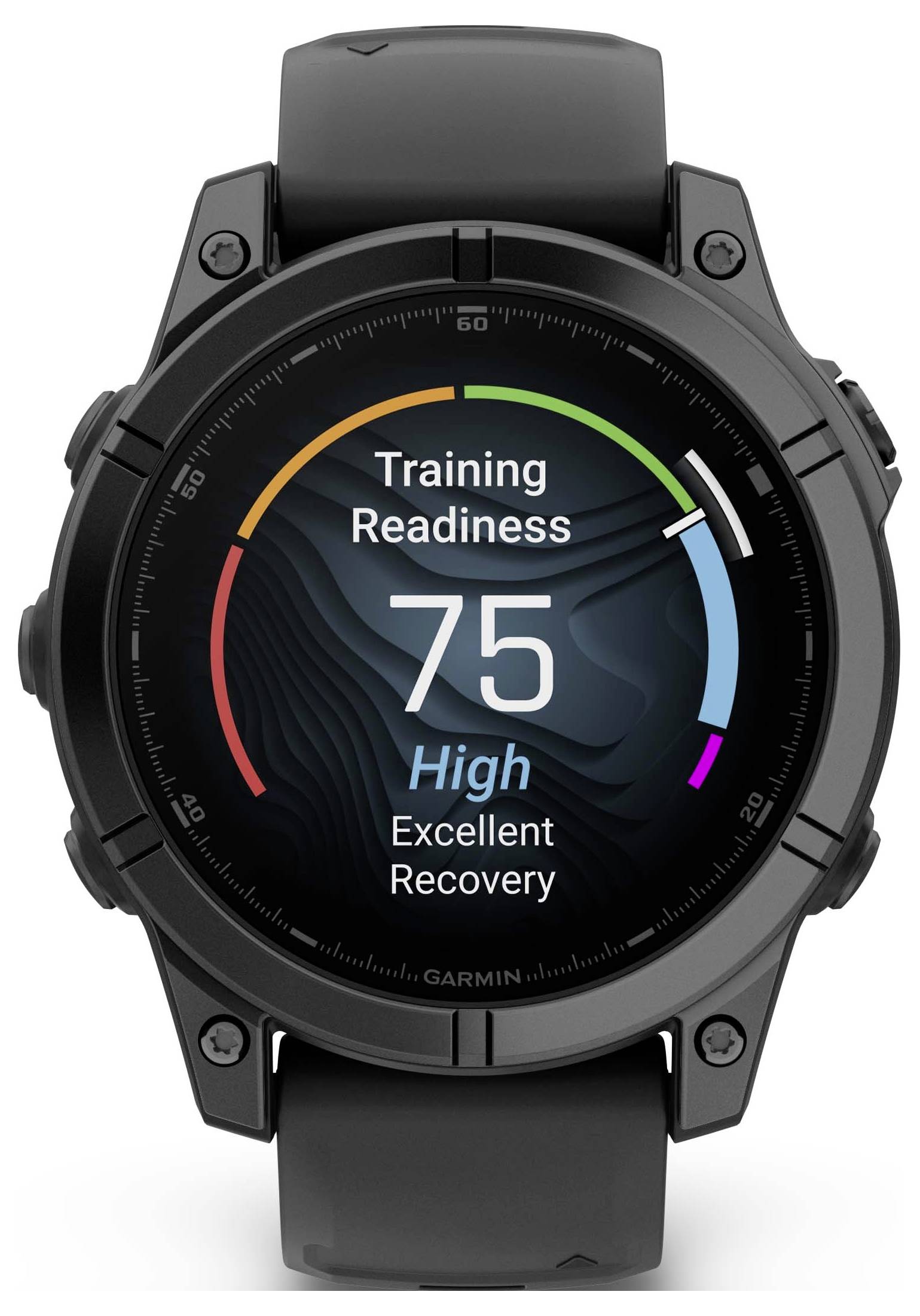 Eine schwarze Smartwatch zeigt 'Training Readiness: 75, High, Excellent Recovery' an.