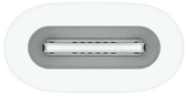 Ein USB-C-Anschluss von oben, symmetrisch oval geformt, mit einem weißen Einsatz in der Mitte.