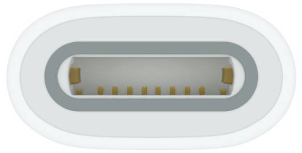 Steckeransicht eines USB-C-Anschlusses mit ovaler Form und zentralem Steckplatz mit goldenen Kontakten für Daten und Stromübertragung.