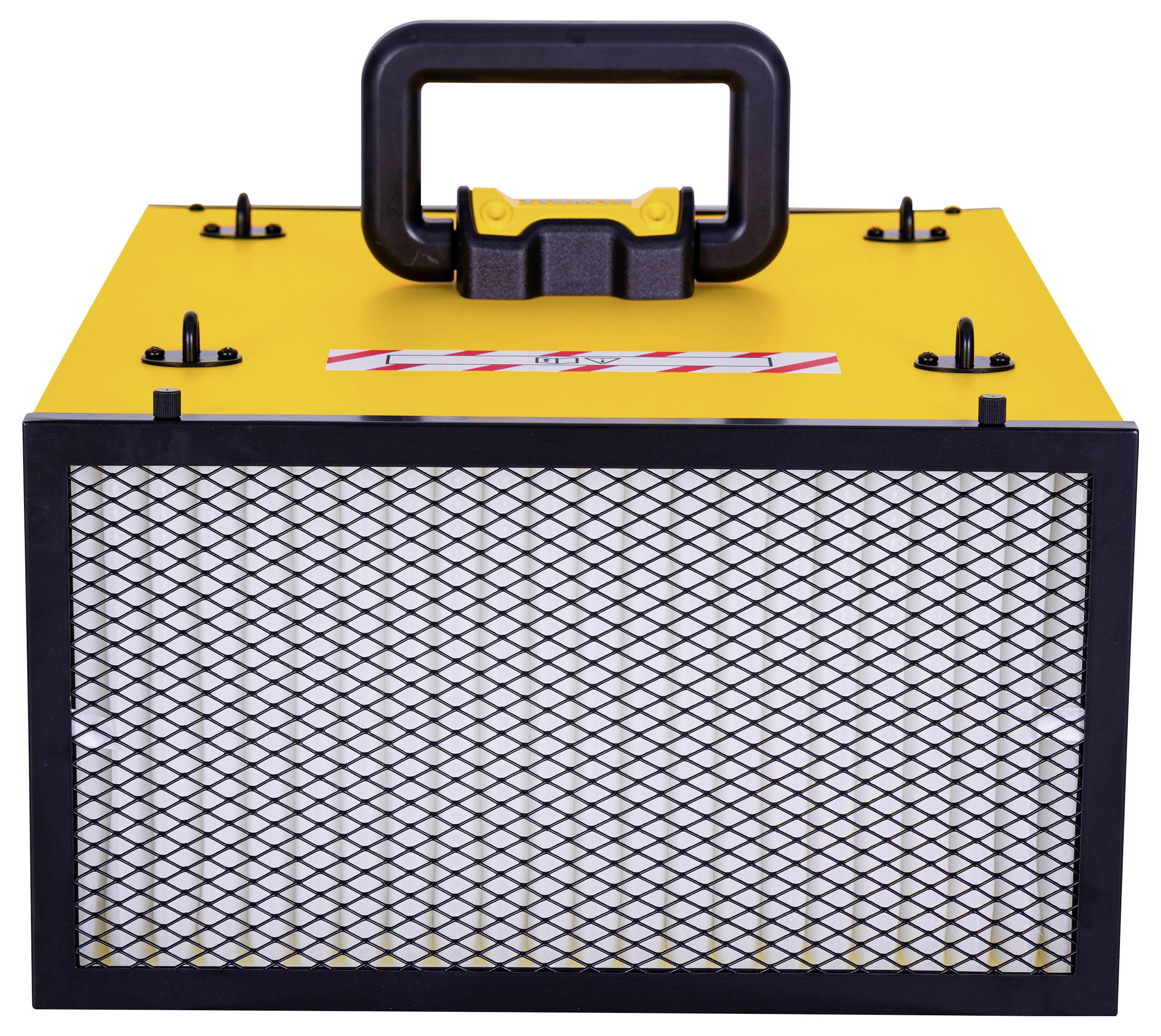 Gelbes Luftreinigungsgerät mit einem Gitter auf der Vorderseite und einem schwarzen Tragegriff oben, geeignet für industrielle Anwendungen.