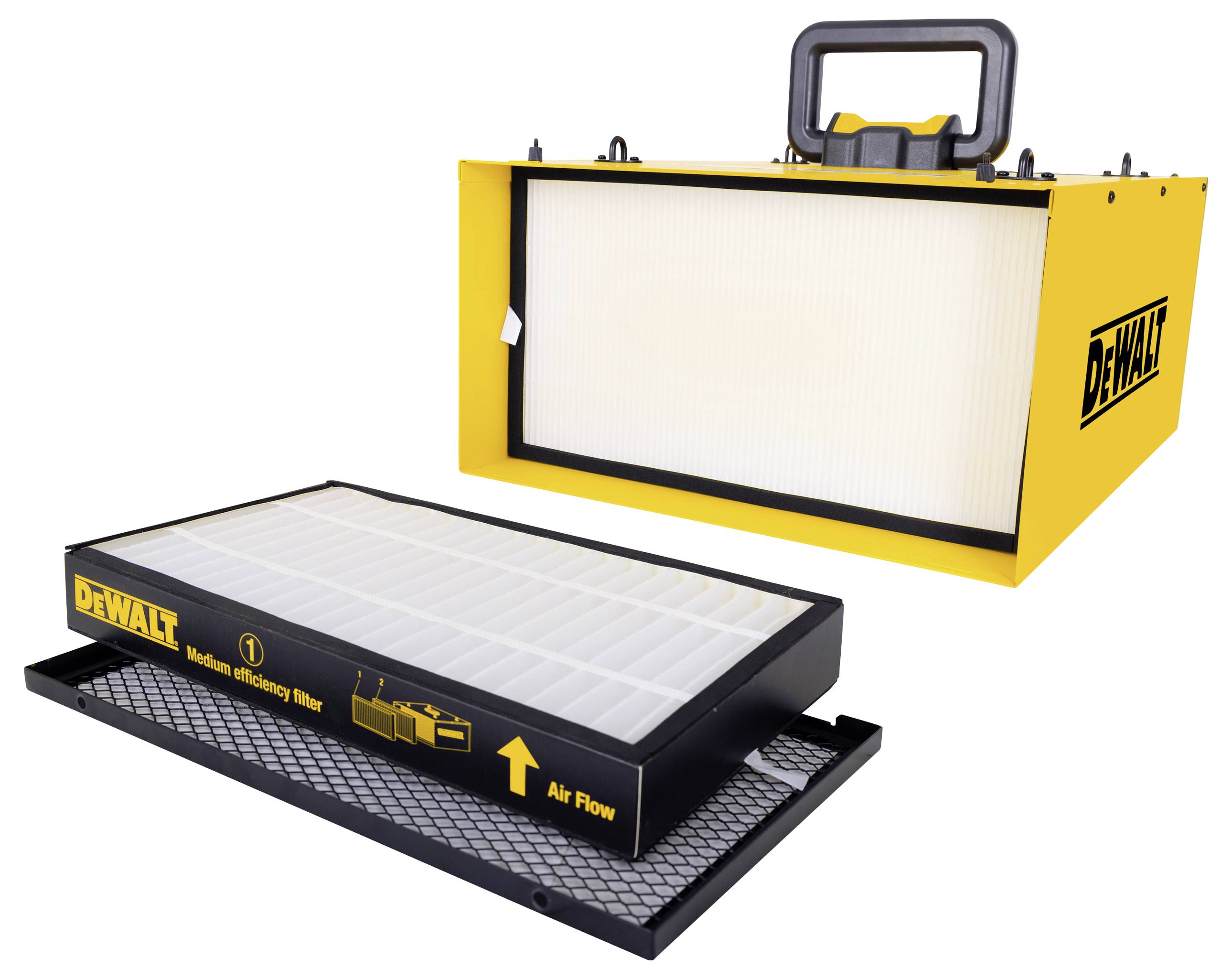 Gelbes DEWALT Luftfiltersystem mit Filtereinsatz. Der Filter zeigt eine Richtung für den Luftstrom an.