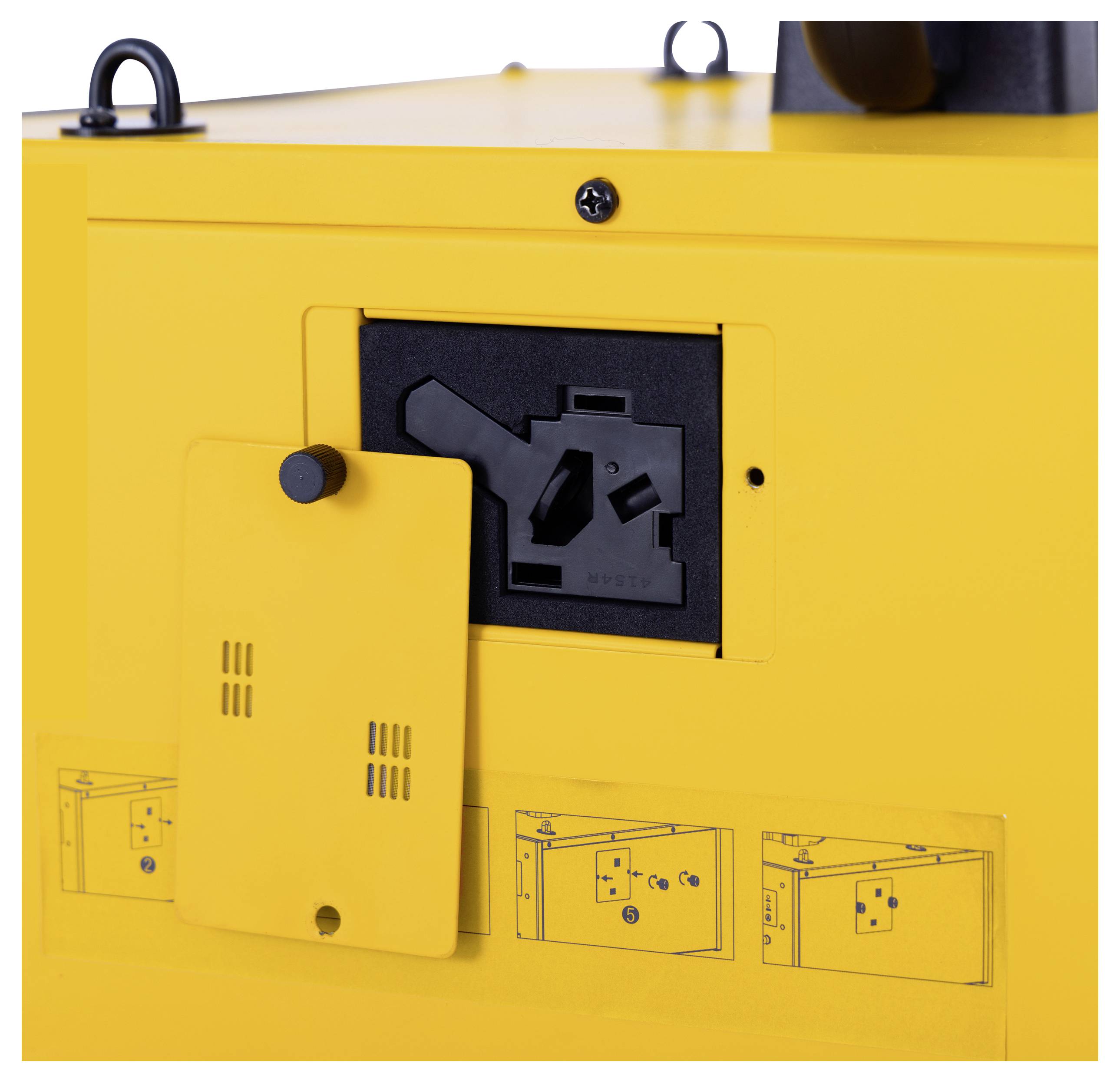Gelbes Gerät mit offener Abdeckung, darunter befinden sich Steckdosen und Schalter. Es gibt Diagramme zur Bedienung an der Unterseite.