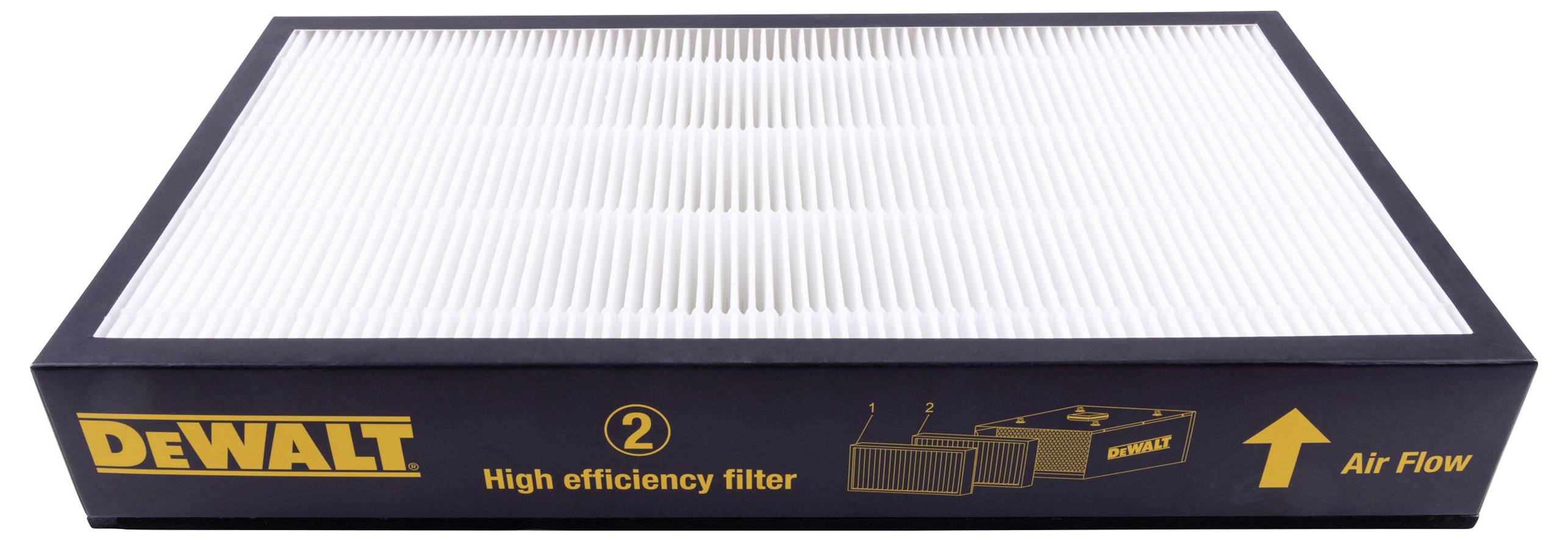 Rechteckiger Luftfilter in einer schwarzen Halterung mit gelbem 'DEWALT'-Logo, gekennzeichnet als 'High efficiency filter'.