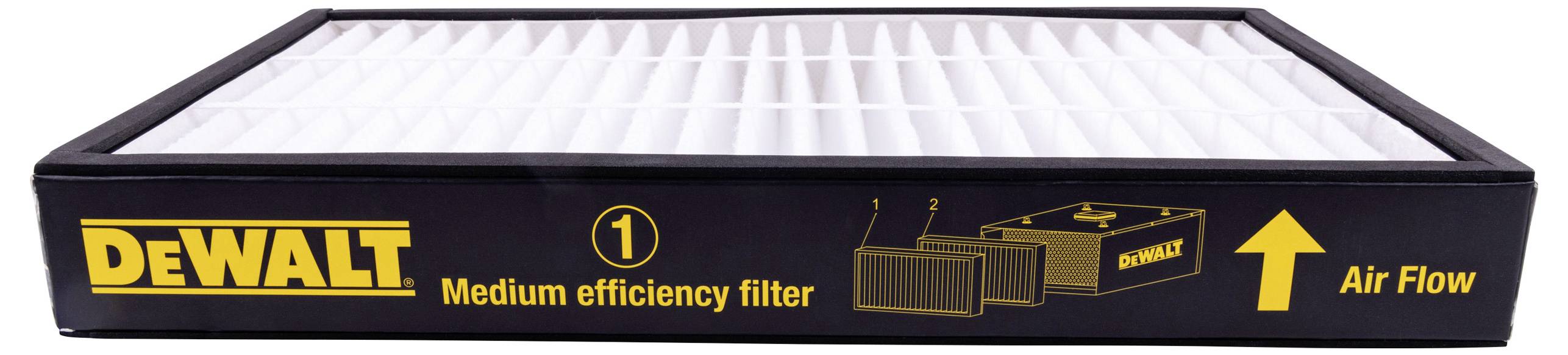 Dewalt Luftfilter, mittlere Effizienz, Luftstromrichtung nach rechts angezeigt, schwarze Umrandung, goldene Beschriftung.
