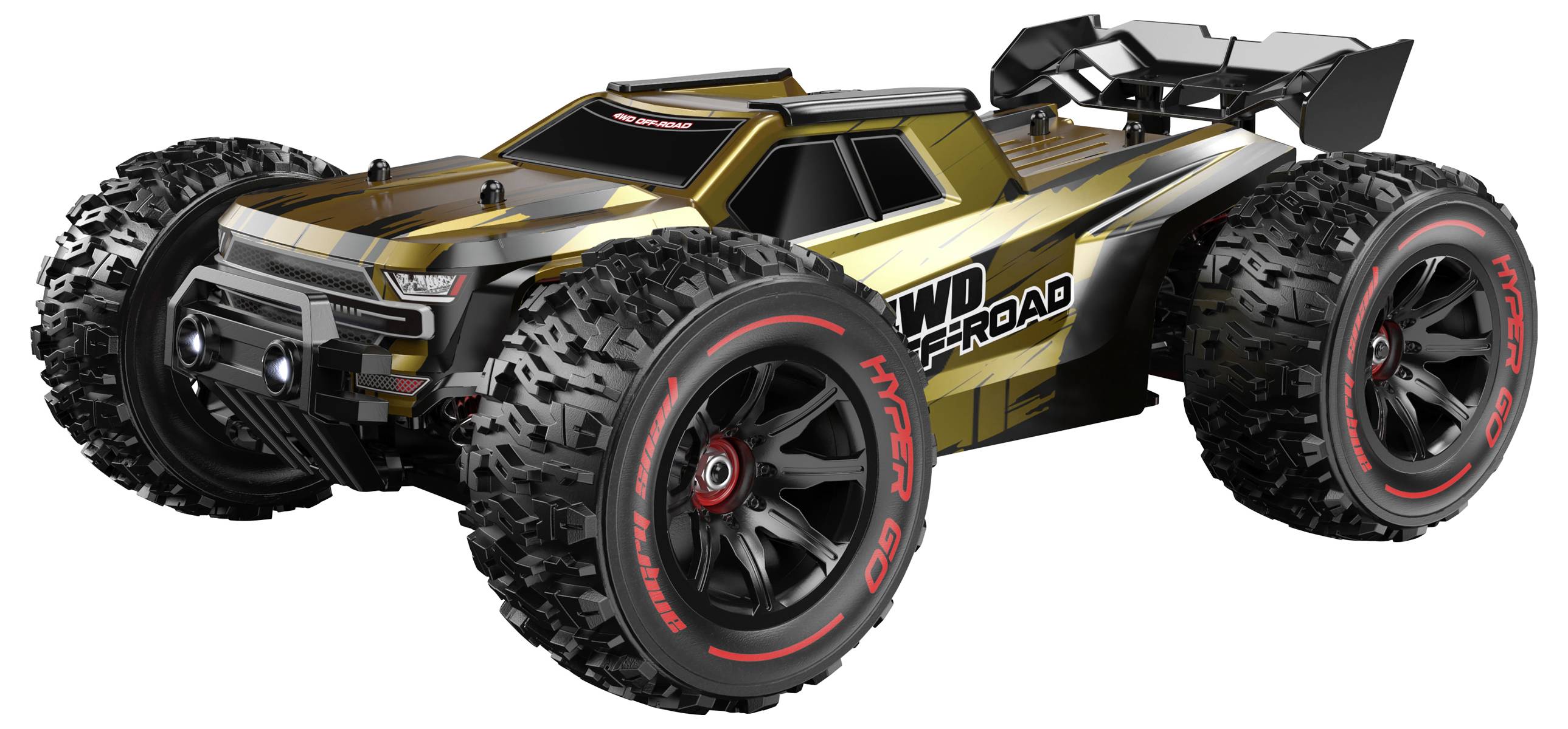 Ferngesteuertes Geländefahrzeug mit robusten Reifen und sportlichem Design. Geeignet für Offroad-Abenteuer und hohe Geschwindigkeiten.