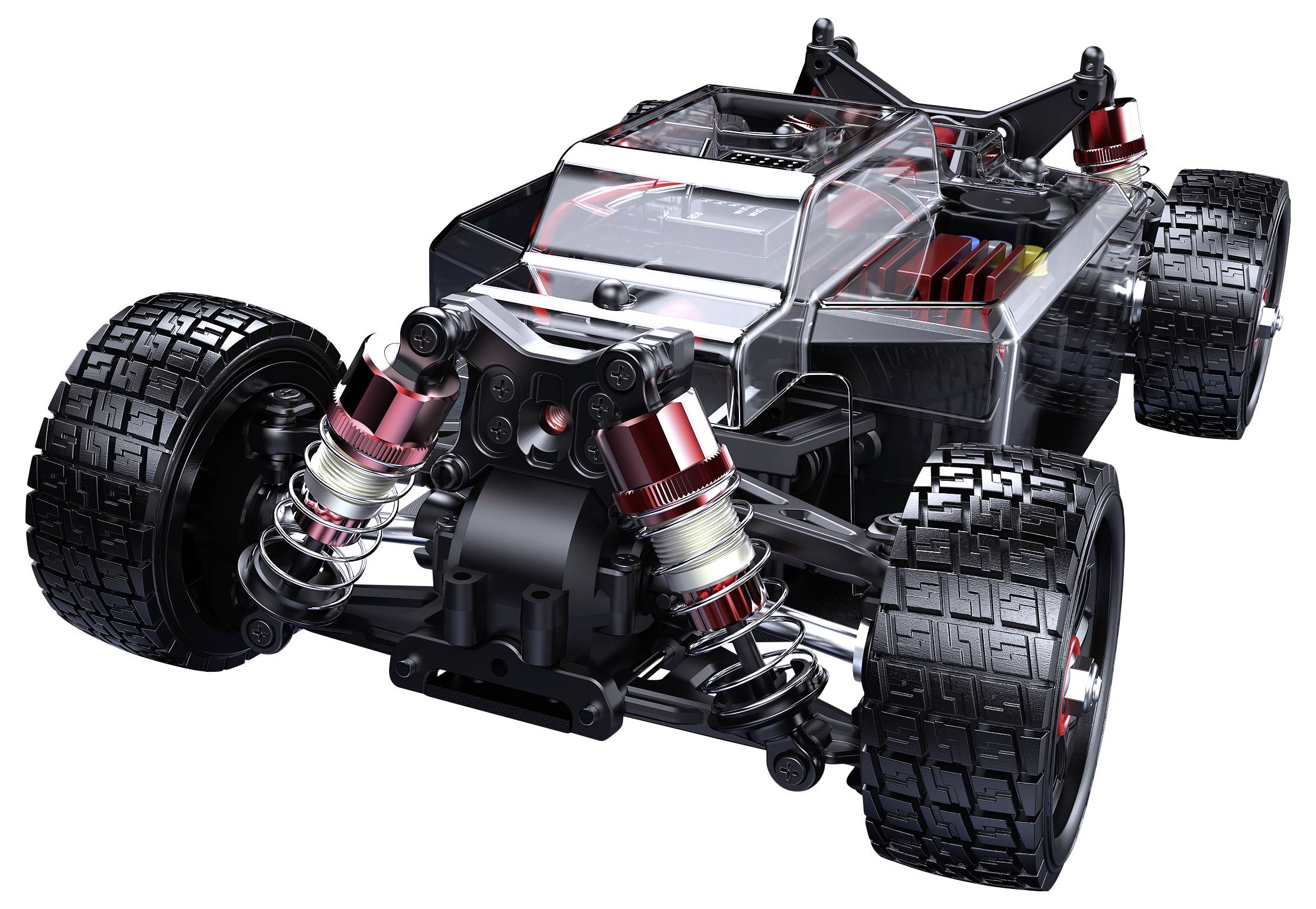 Ein Modellauto-Chassis mit großen Reifen, sichtbar sind Federungen und ein transparenter Teil des Rahmens. Hauptsächlich technische Details.