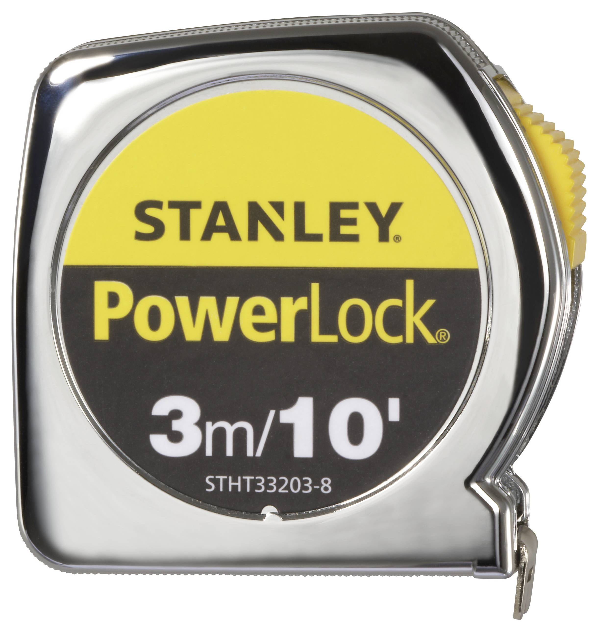 Ein silbernes Maßband mit gelbem und schwarzem Etikett, auf dem 'Stanley PowerLock 3m/10'' steht.