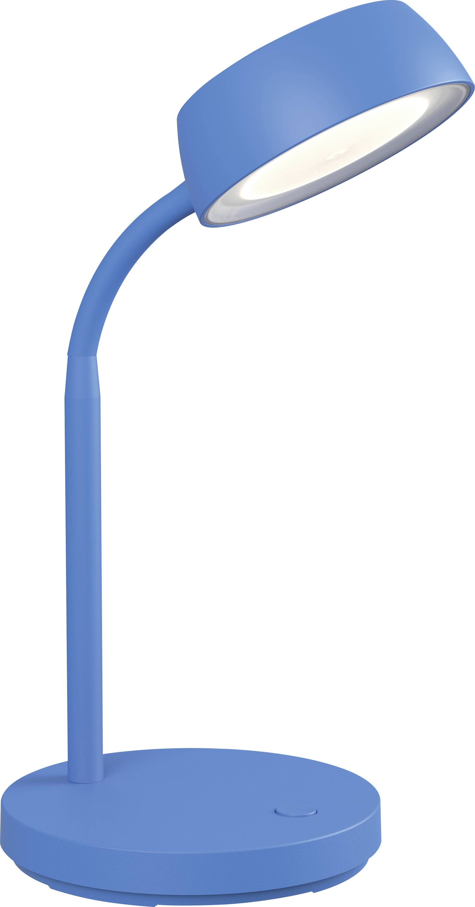 Blaue Schreibtischlampe mit rundem Lampenschirm in einer leicht geneigten Position, auf einem stabilen, flachen Sockel.