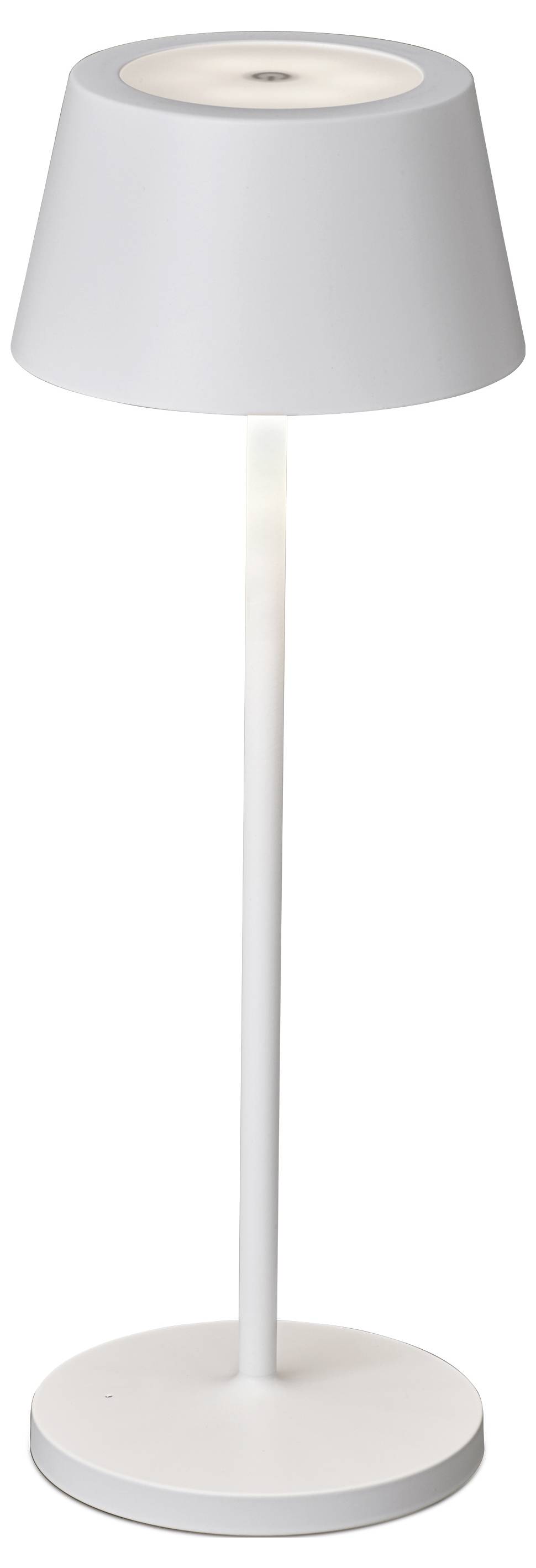 Weiße Tischlampe mit rundem Sockel und konischem Schirm, leuchtet von oben nach unten.