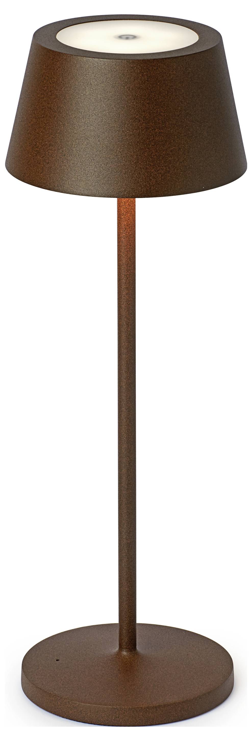 Die Stehlampe hat ein modernes Design, besteht aus braunem Metall mit zylindrischem Lampenschirm und rundem Sockel.