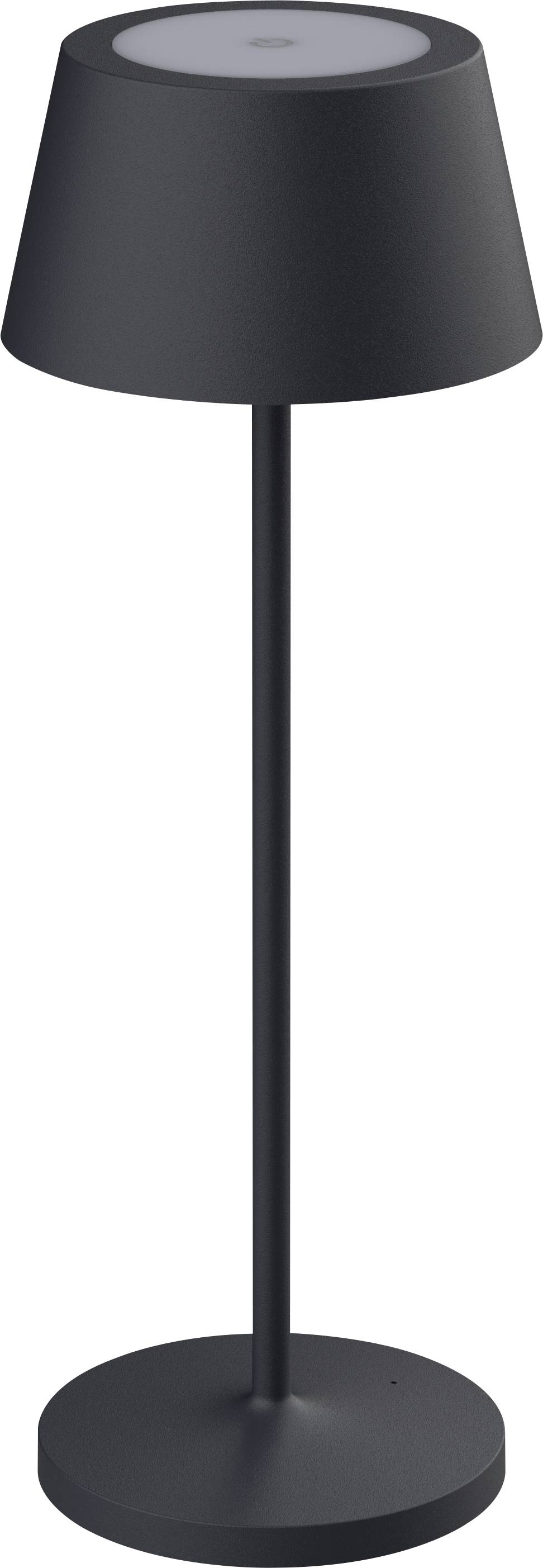 Schwarze, moderne Tischlampe mit konischem Schirm und rundem Sockel, geeignet für minimalistisches Wohn- oder Bürodesign.