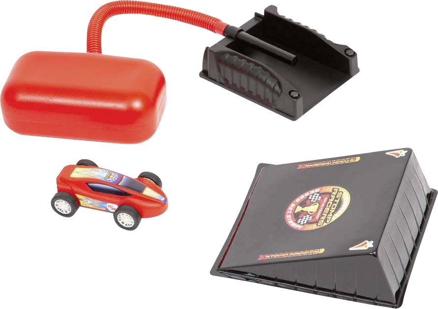 Spielzeugauto mit rotem Aufblaskissen und Startrampe. Drücken des Kissens bewegt das Auto vorwärts. Geeignet für Kinder.