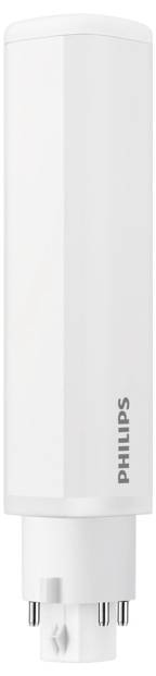 Eine weiße, rechteckige Philips LED-Glühbirne mit einer zylindrischen Fassung mit vier Stiften.