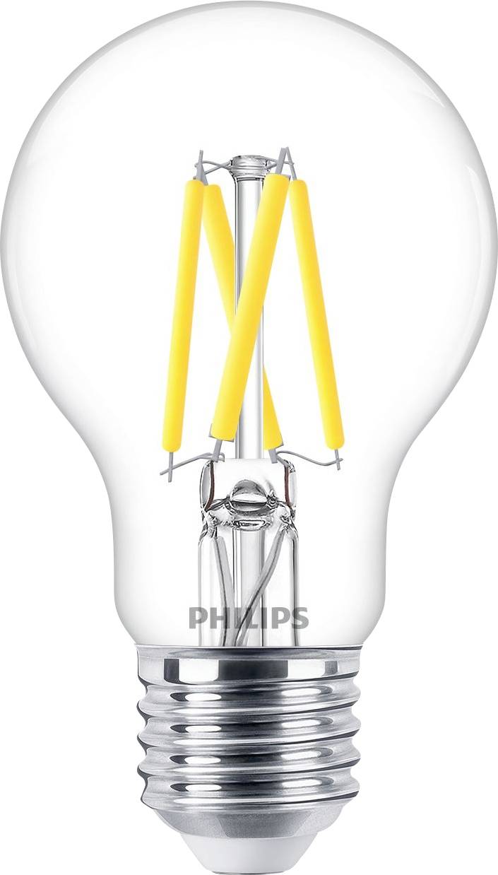 Eine klare LED-Glühbirne mit metallischer Fassung, die vier innere gelbe Glühfäden zeigt. Der Markenname 