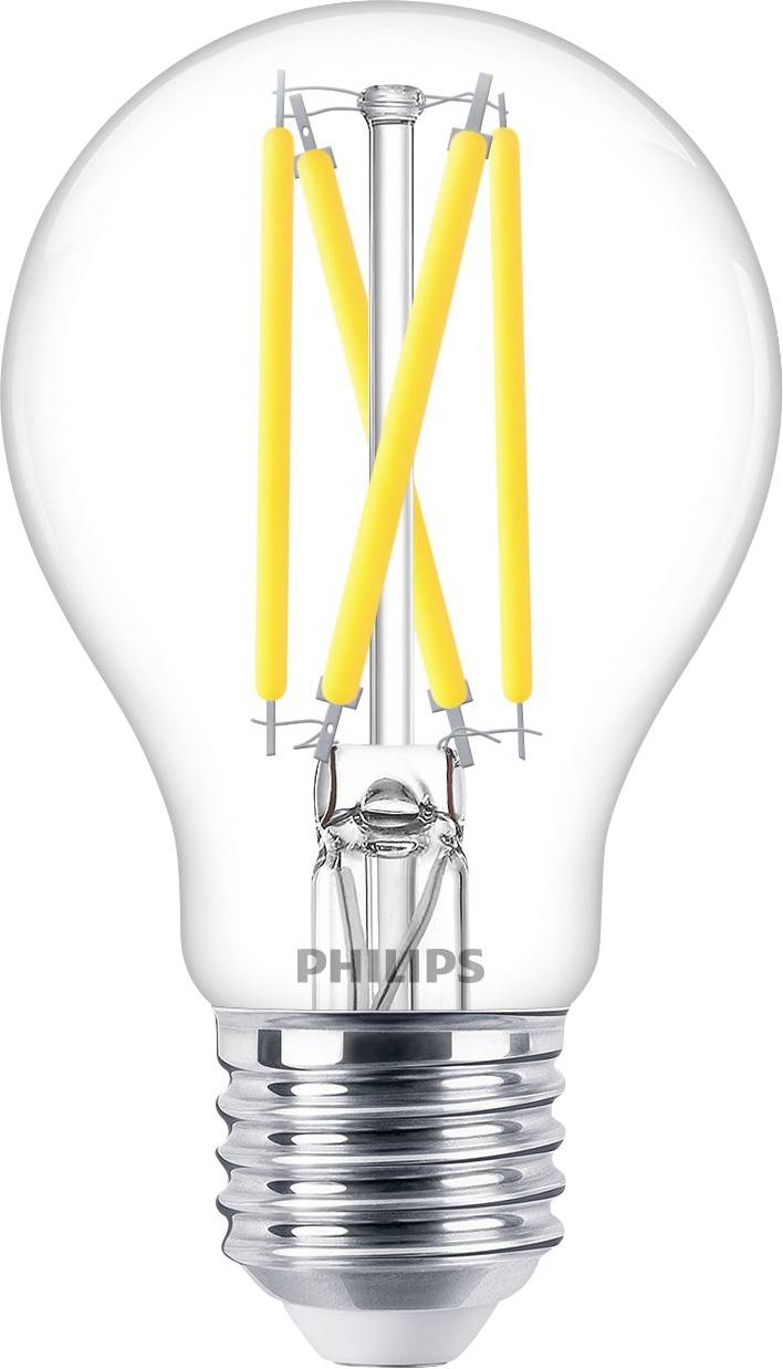 Eine leuchtende LED-Glühbirne mit Filamentdesign, klarem Glasgehäuse und Metallsockel, die Innovation und effiziente Beleuchtung symbolisiert.