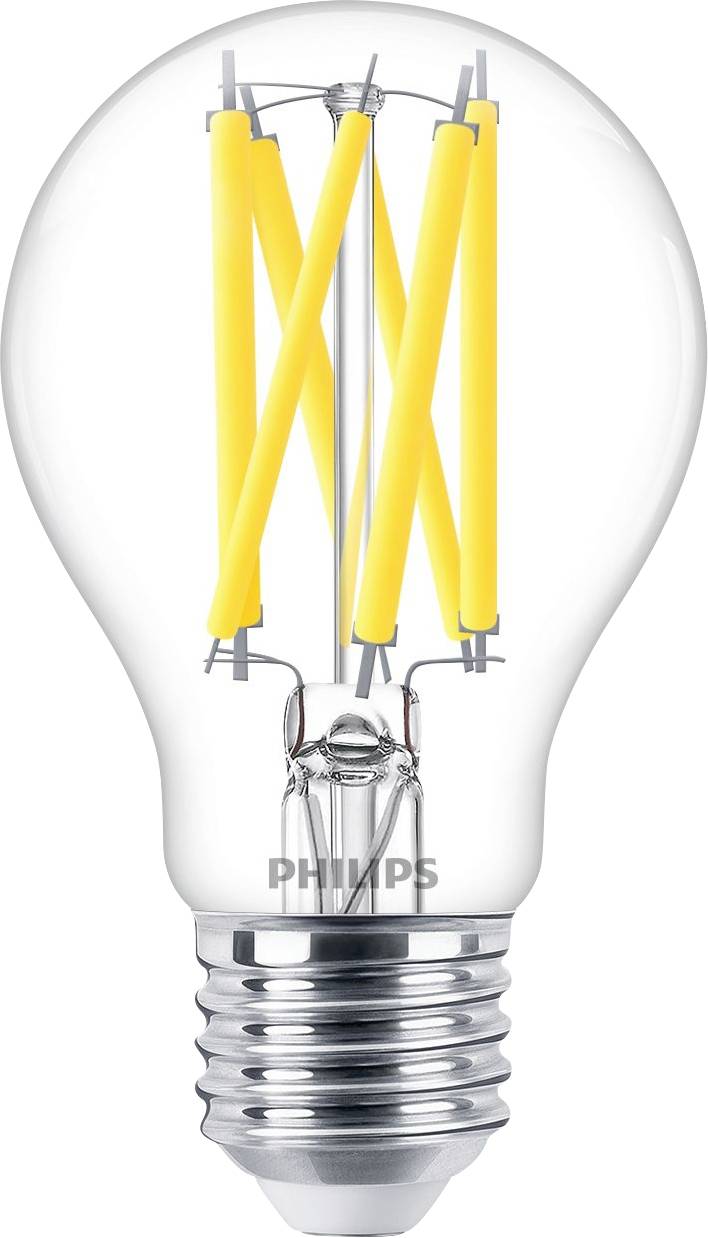 Eine klare LED-Glühbirne mit gelben Filamenten, die so gestaltet ist, dass sie einer traditionellen Glühbirne ähnelt, mit dem Markenlogo an der Basis gekennzeichnet.