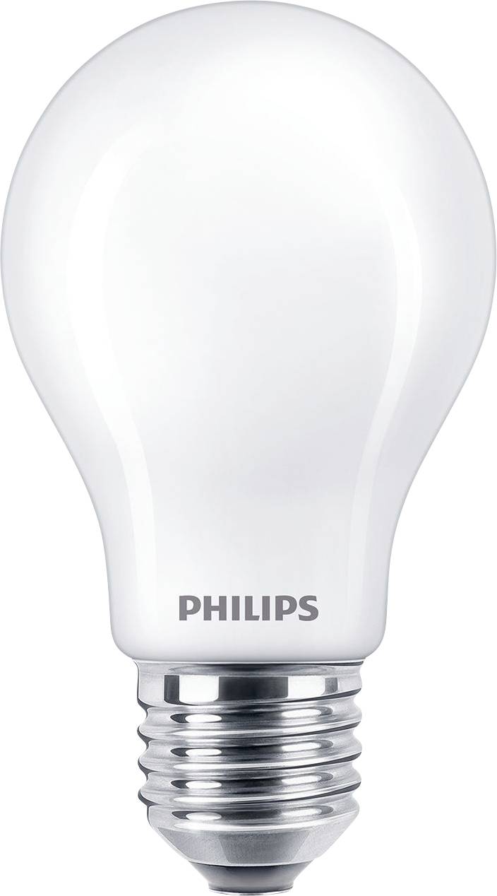 Eine weiße LED-Glühbirne mit metallischer Fassung, auf der vorne „PHILIPS