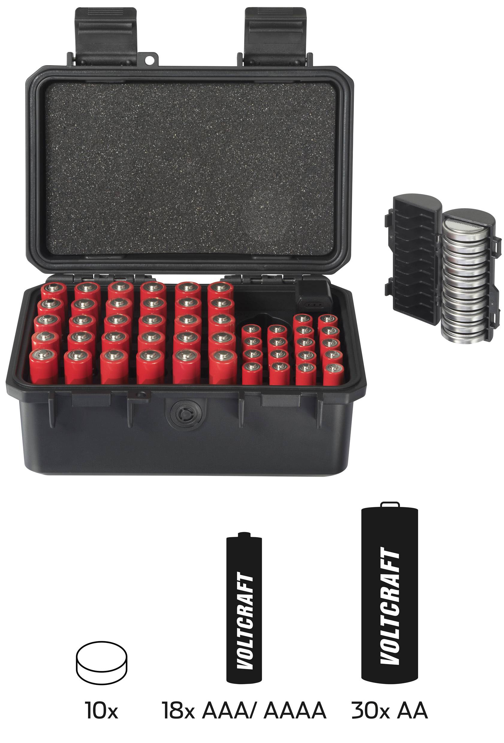 Schwarzer Aufbewahrungskoffer mit 10 Knopfzellen, 18 AAA/AAAA und 30 AA Batterien. Vertikale Anordnung der Batterien.