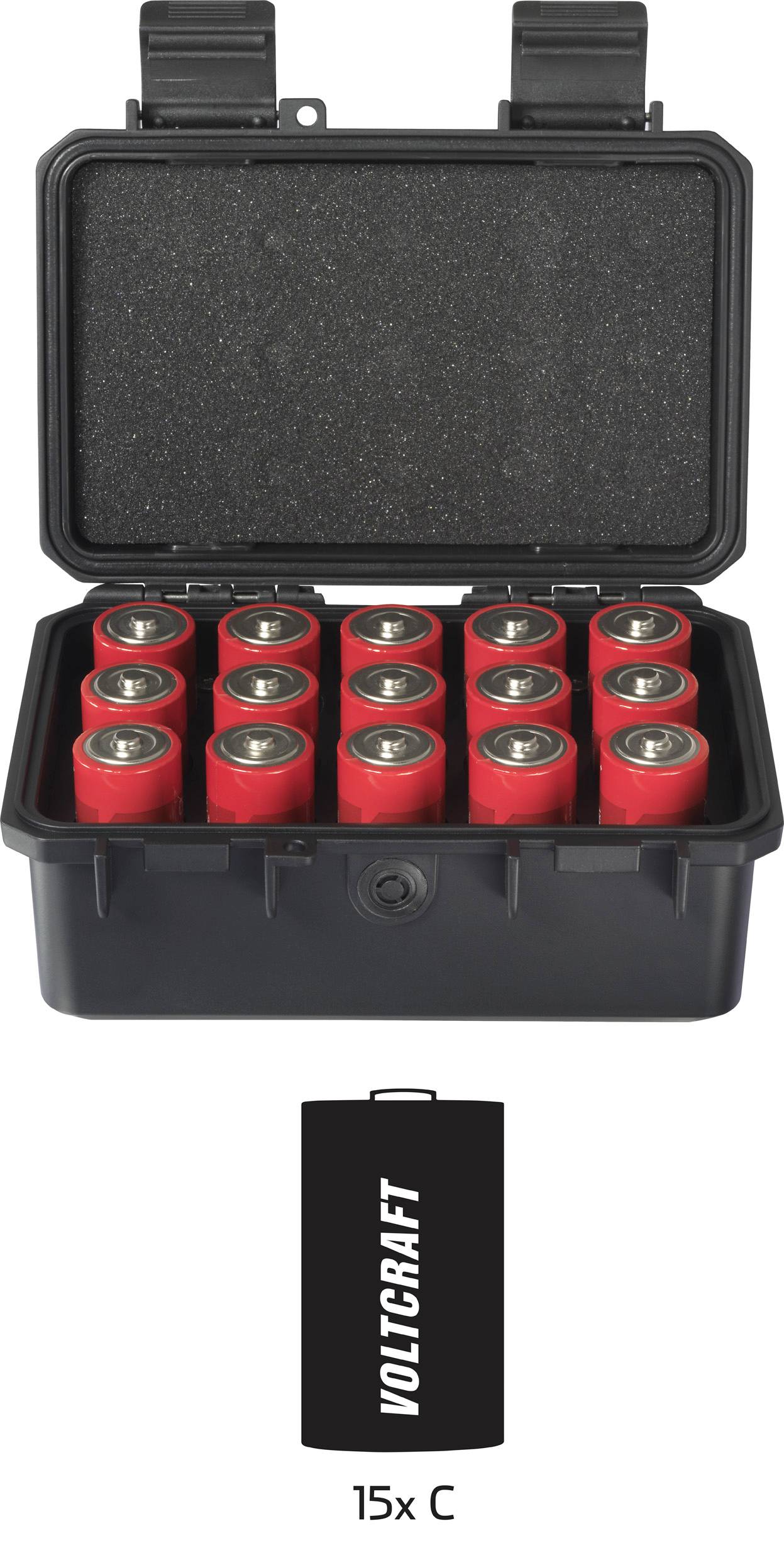 Eine geöffnete schwarze Box enthält 15 rote C-Batterien. Unter der Box ein schwarzes Symbol einer C-Batterie mit der Aufschrift 'VOLTCRAFT'.