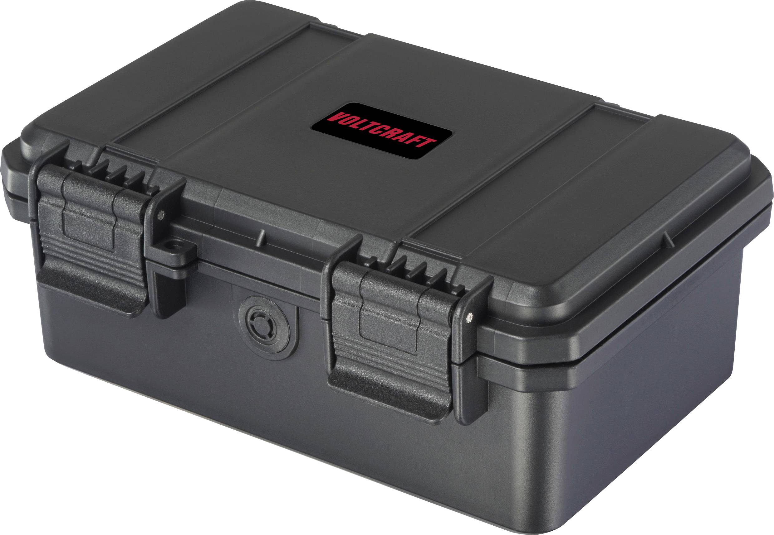 Schwarze Aufbewahrungsbox mit Verschlüssen und rotem 'Voltcraft'-Logo auf dem Deckel.
