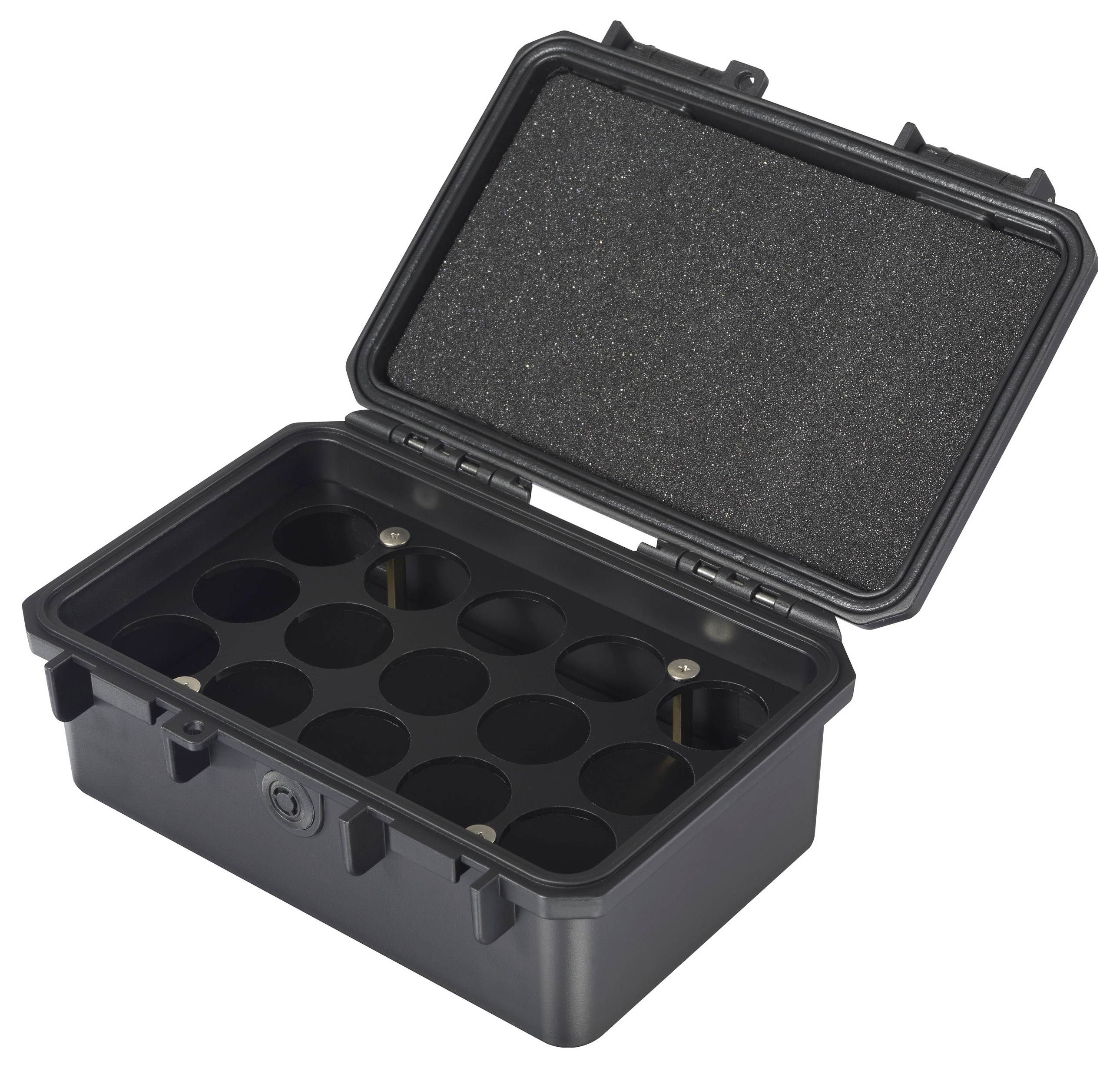 Eine schwarze Kunststoffbox mit offenem Deckel, innen mit Schaumeinsatz. Enthält Fächer zur Aufbewahrung zylindrischer Gegenstände.