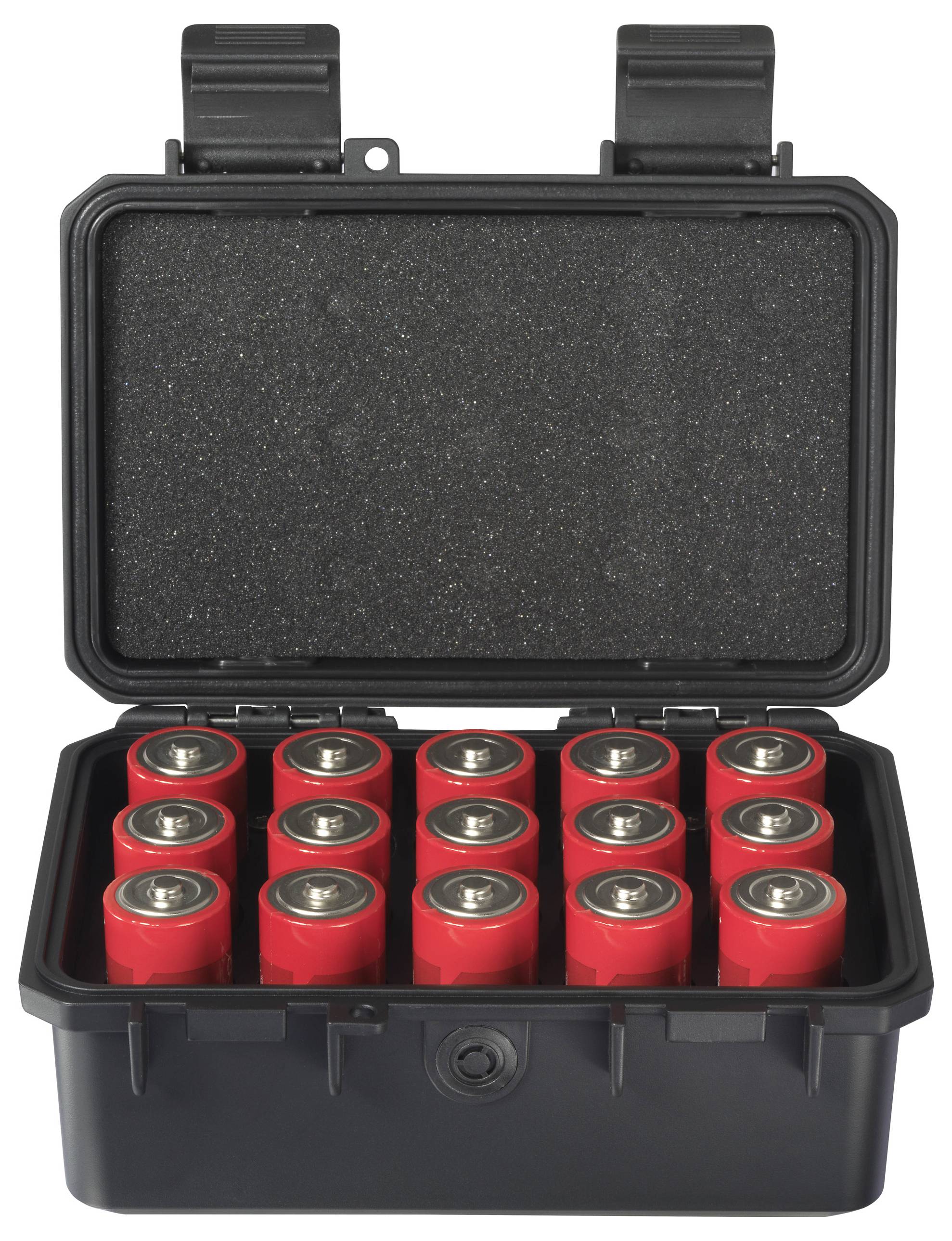 Offene schwarze Aufbewahrungsbox mit 16 roten Batterien in zwei Reihen à acht Stück. Schaumstoffeinlage im Deckel.