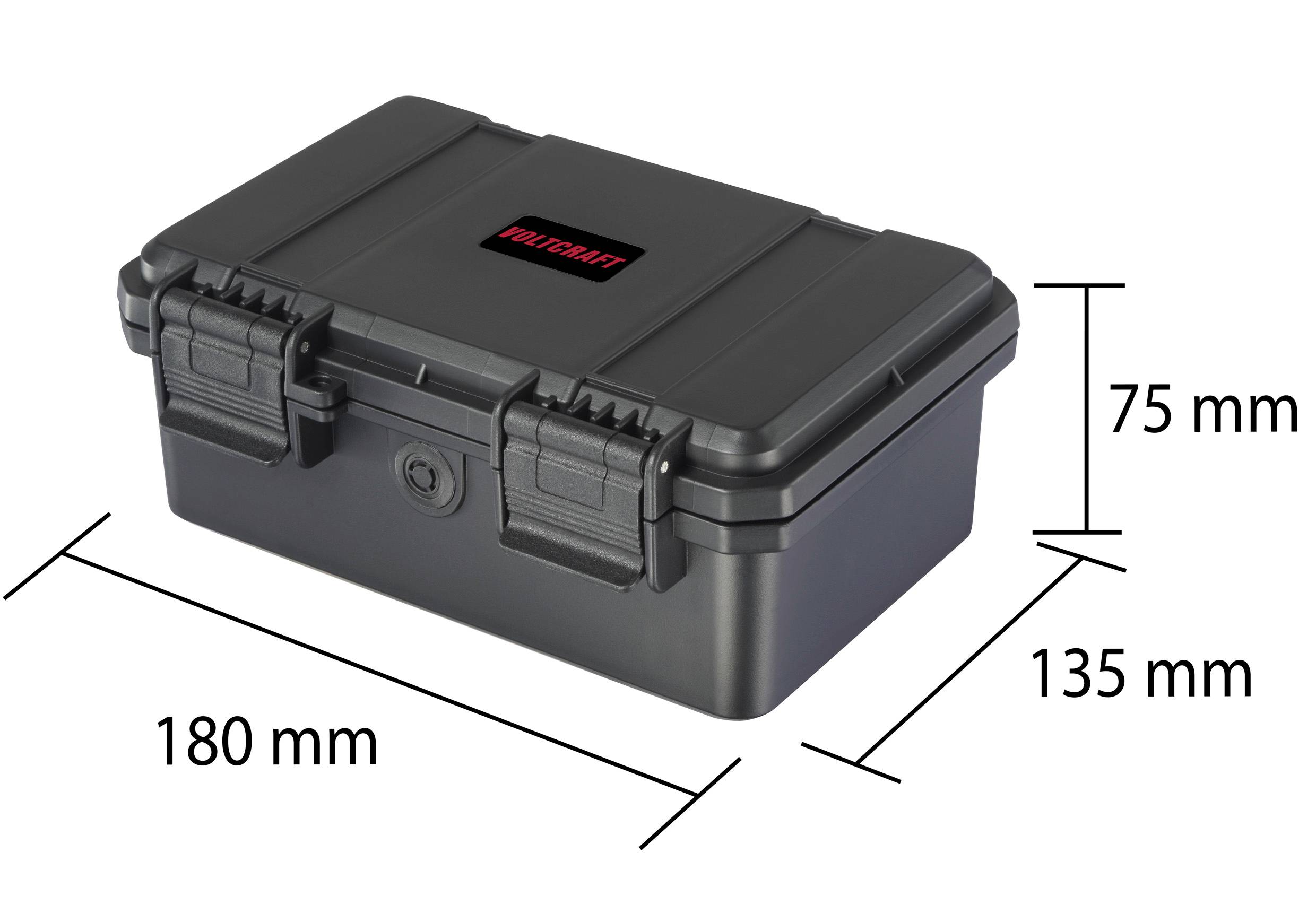 Schwarze Kunststoffbox mit Schnallenverschluss, Abmessungen: 180 mm Länge, 135 mm Breite, 75 mm Höhe.