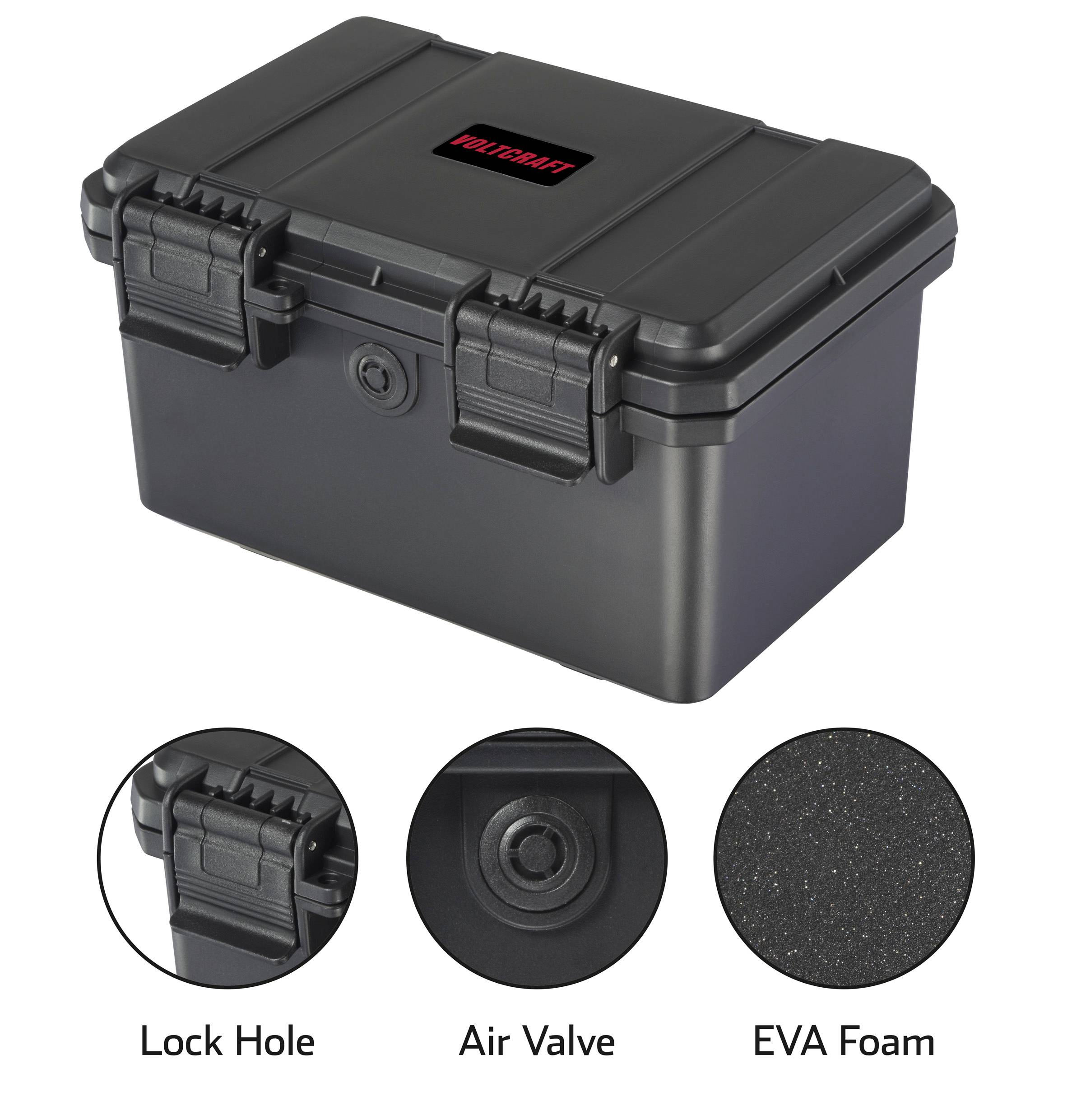 Eine schwarze Aufbewahrungsbox mit einem Schlossloch, einem Luftventil und EVA-Schaum im Inneren.