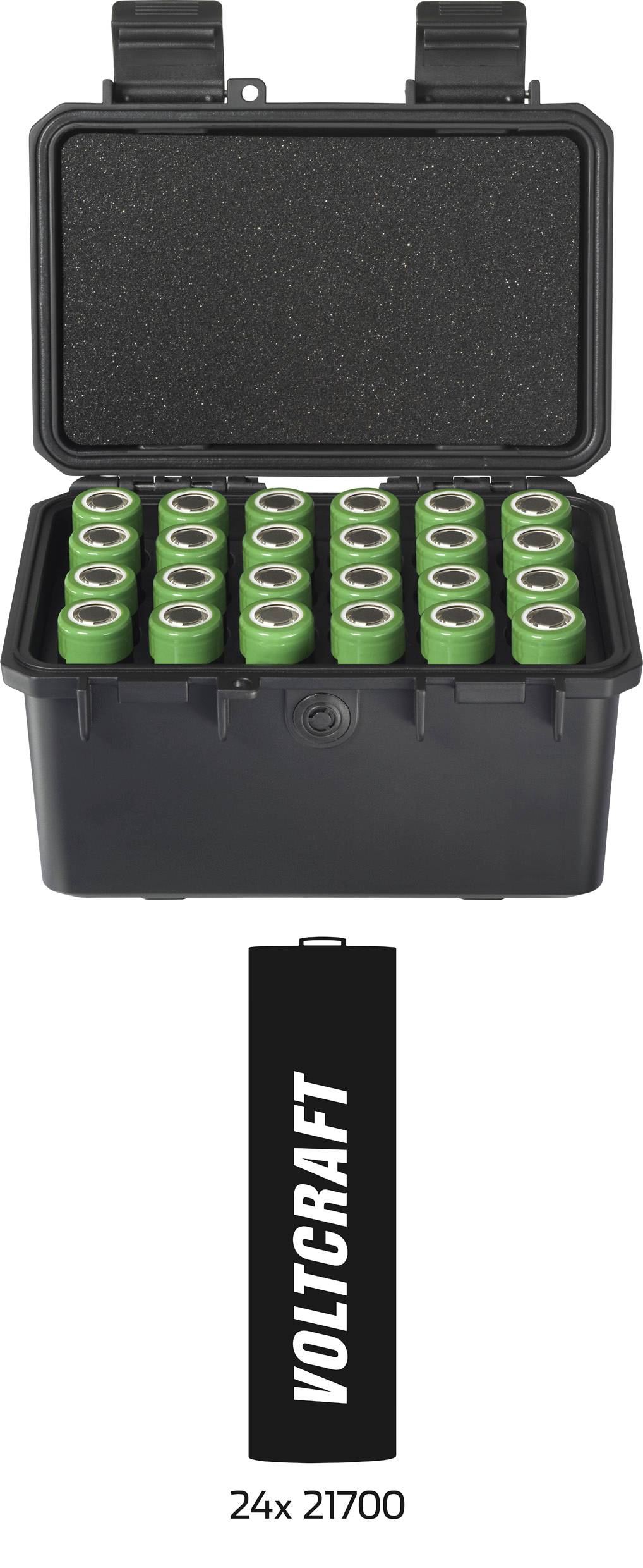 Schwarzer Koffer mit 24 grünen Batteriezellen, Typ 21700. Darunter Text: VOLTCRAFT.