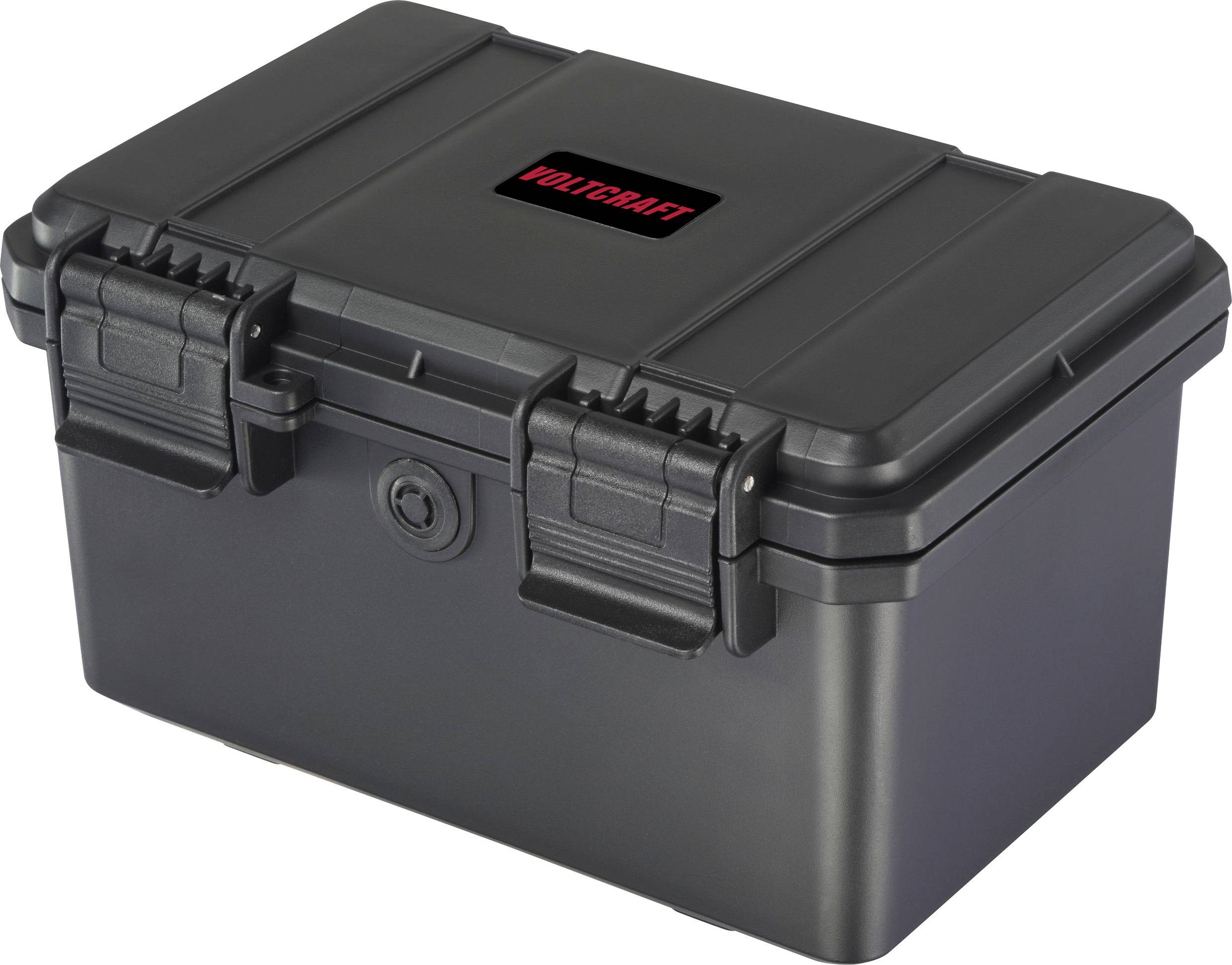 Eine schwarze, verschließbare Kunststoffbox mit dem roten Aufdruck 'Voltcraft' auf dem Deckel.