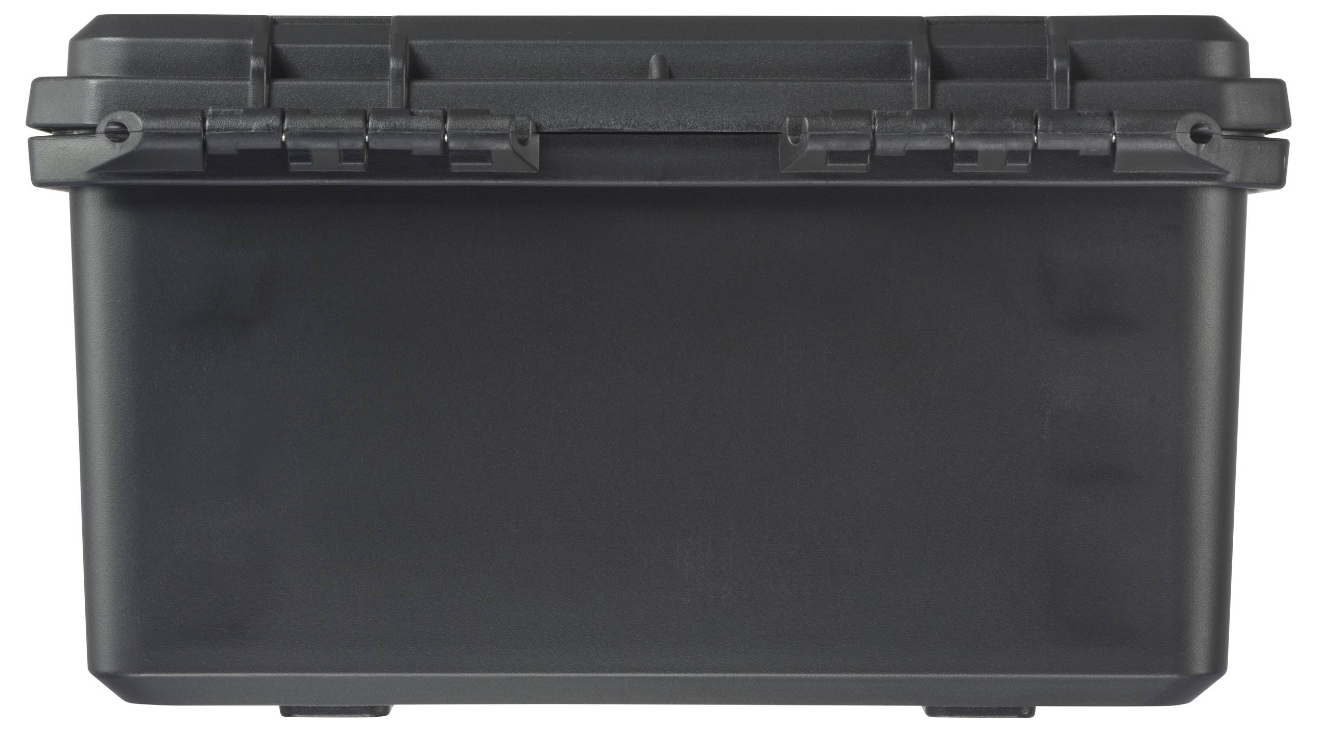 Schwarze, rechteckige Box mit Deckel und Schnappverschlüssen, bietet Schutz und sicheren Transport von Gegenständen.